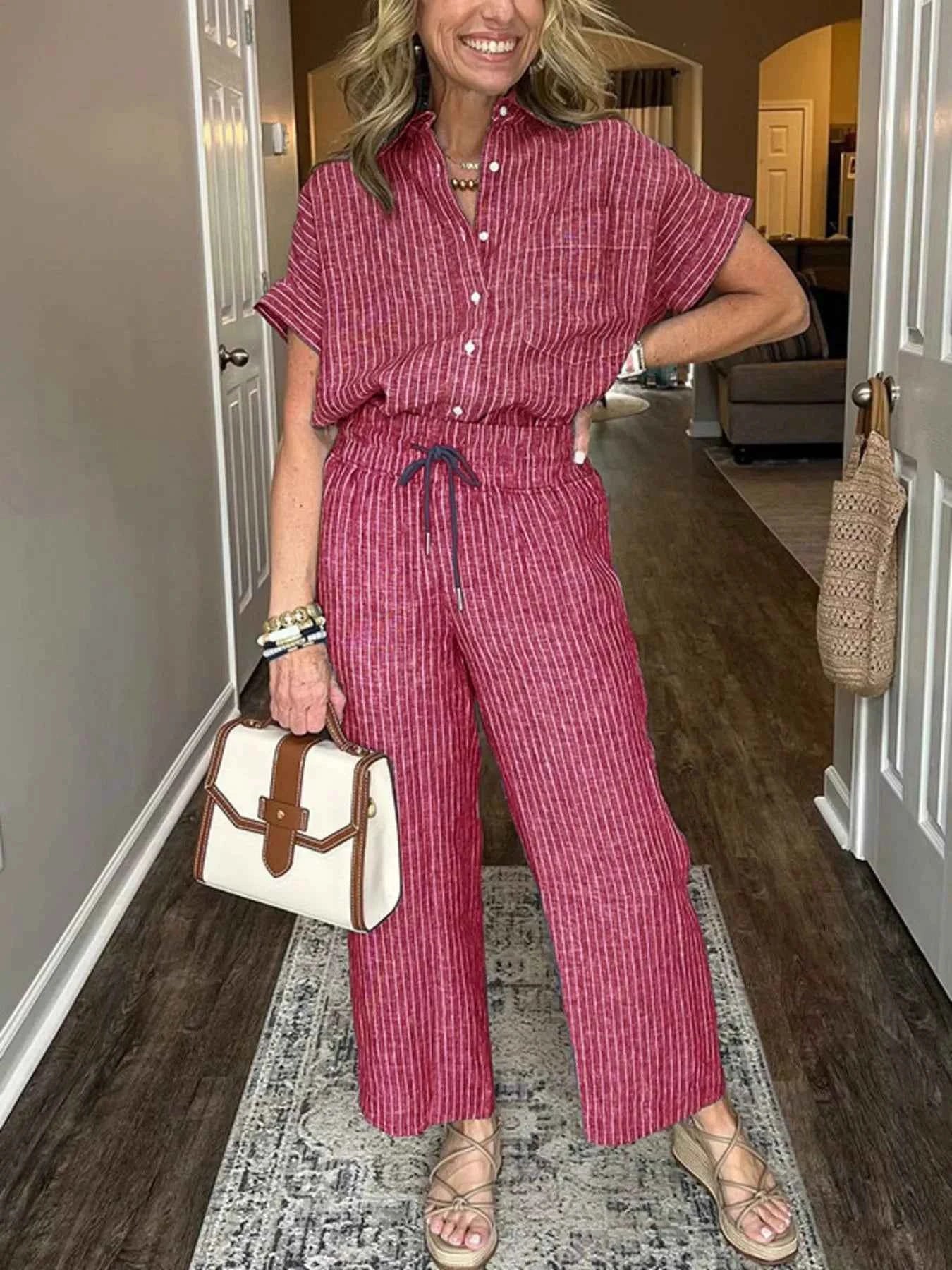 Full Size Striped Button-Up Shirt and Wide Leg Pants Casual Set Plus Size