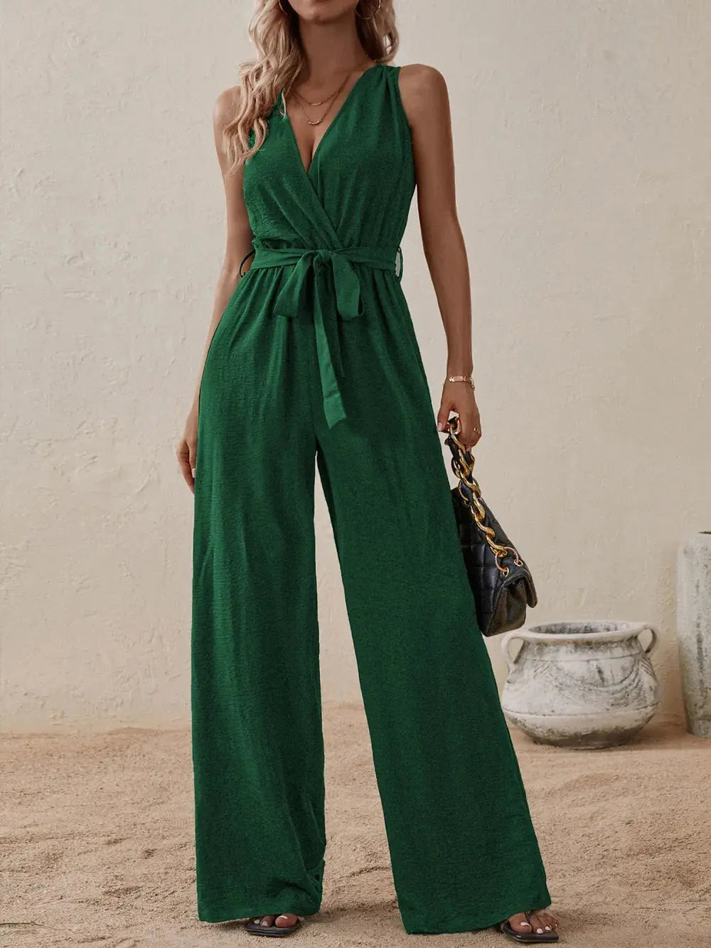 Honey Tied Surplice Sleeveless Wide Leg Jumpsuit.