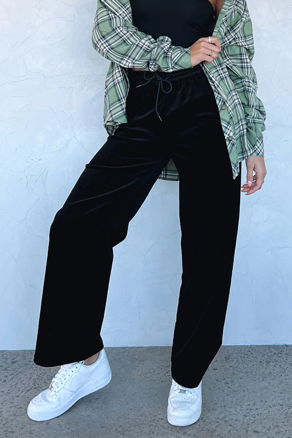 Black Solid Drawstring Waist Wide Leg Pants Dear-Lover Dropshipping