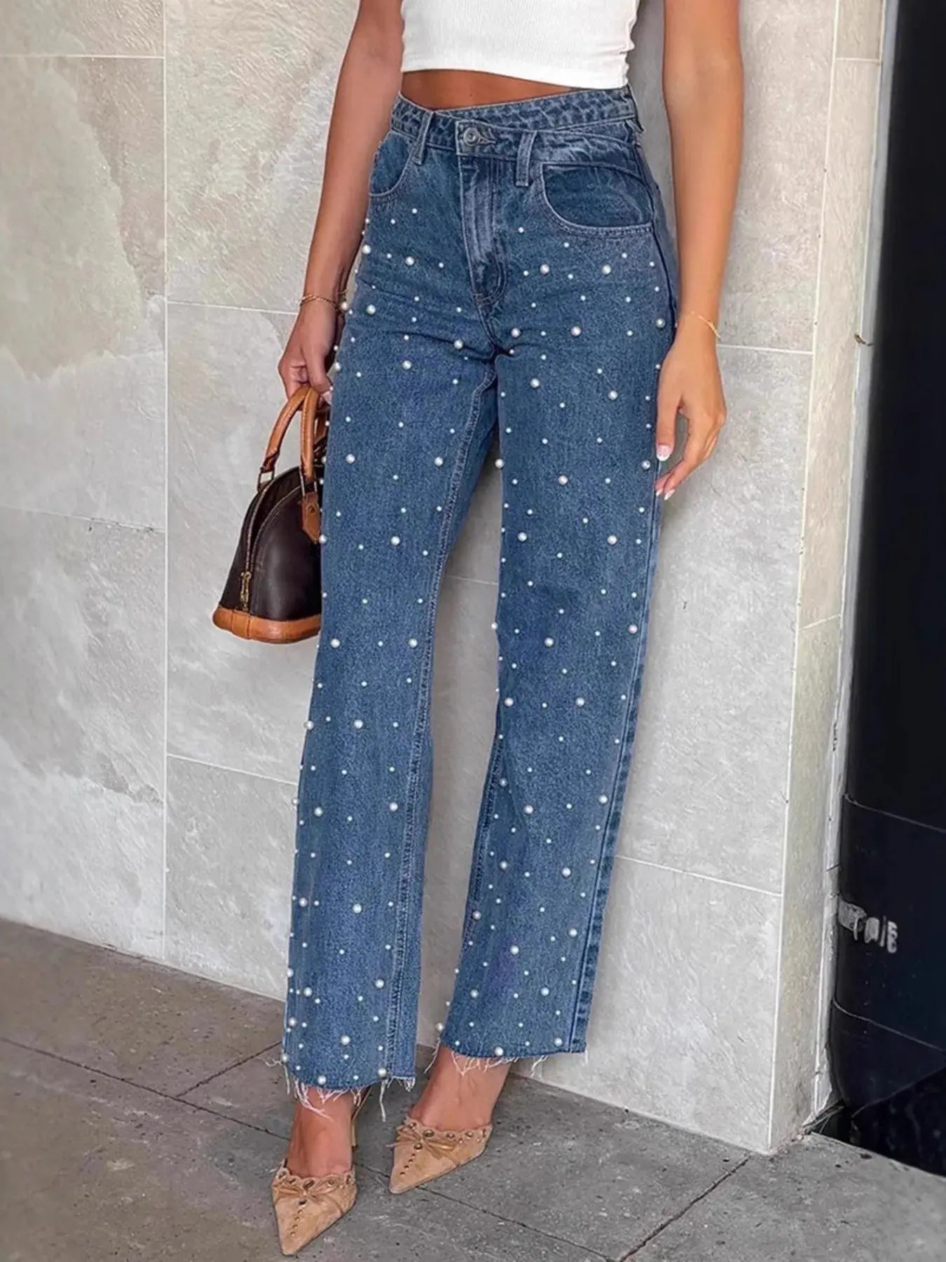 Pearl Embellished High Waist Straight Leg Jeans.