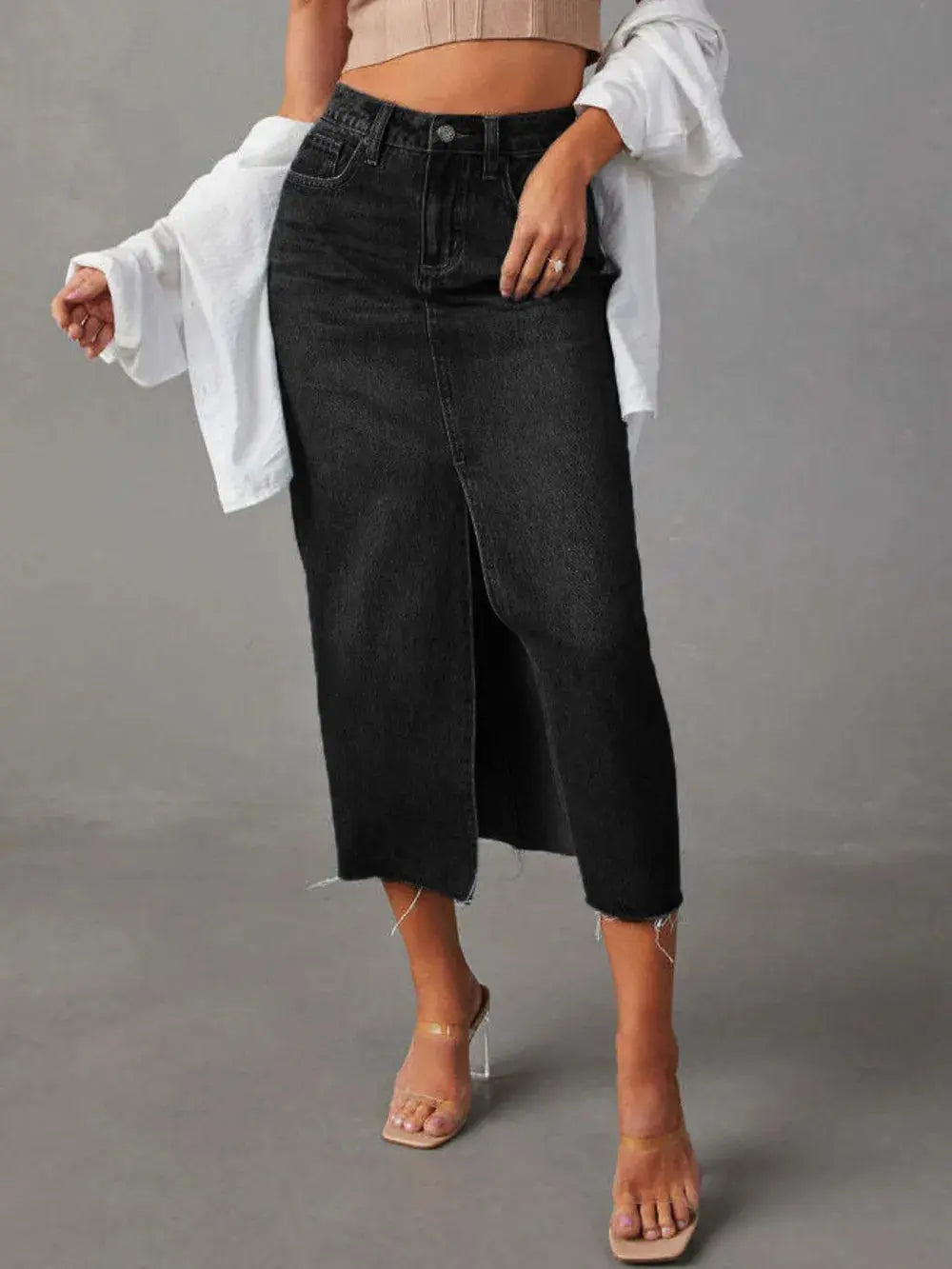 Raw Hem Front Slit Denim Midi Skirt.