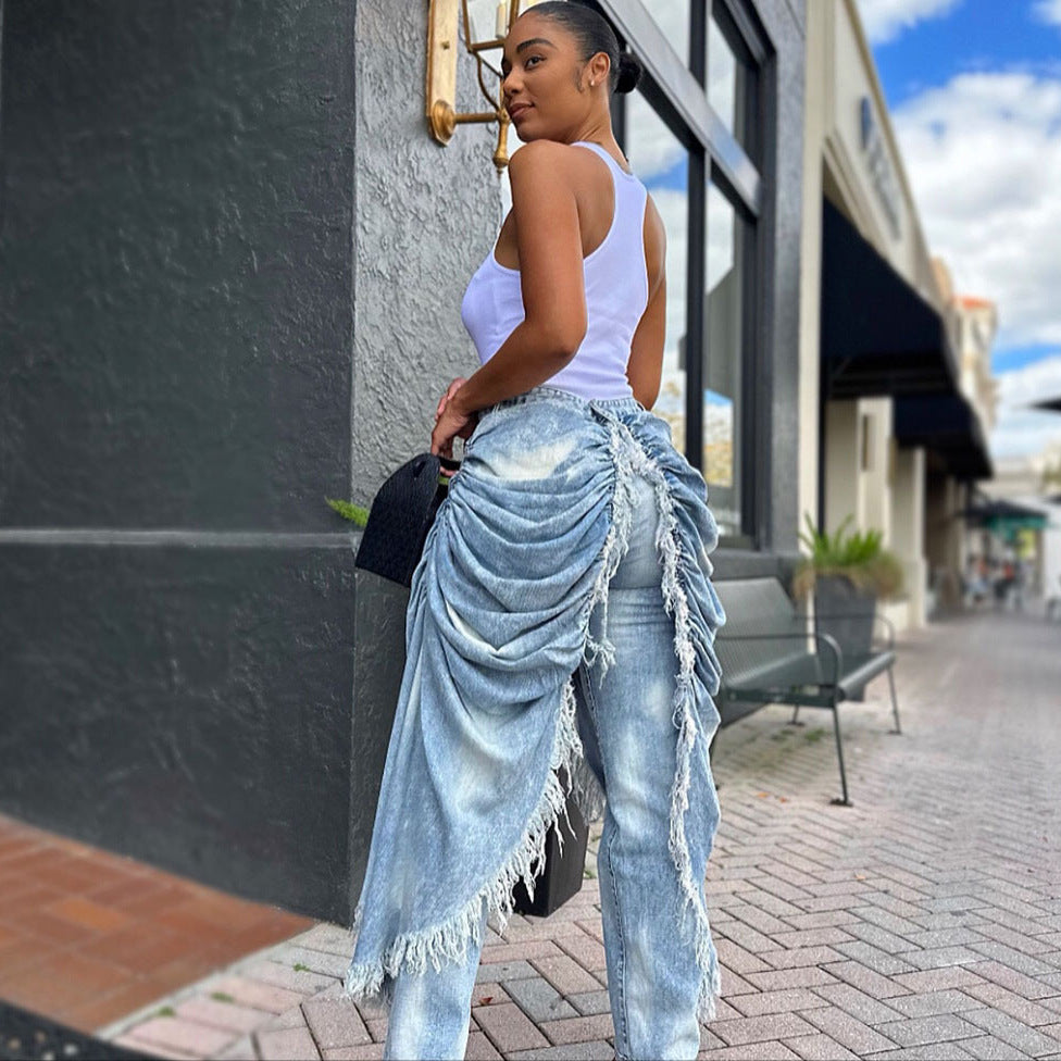 High-Waist Jeans for Women, Fashionable and Unique Pleated Brushed Edge Straight Leg Pants eprolo