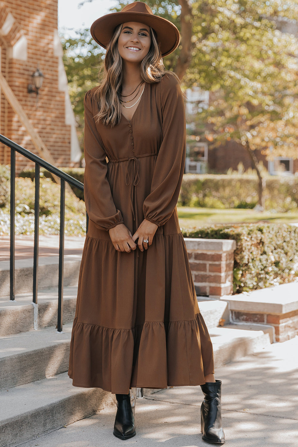 Chestnut Solid Long Sleeve Button V Neck Tiered Maxi Dress