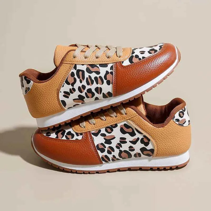 Leopard Round Toe Lace Up Sneakers