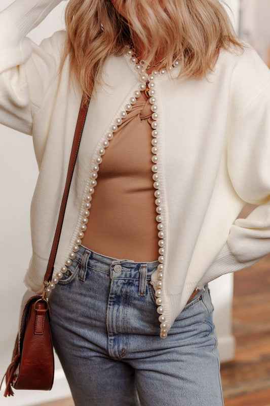 Pearl Embellished Open-Front Cardigan