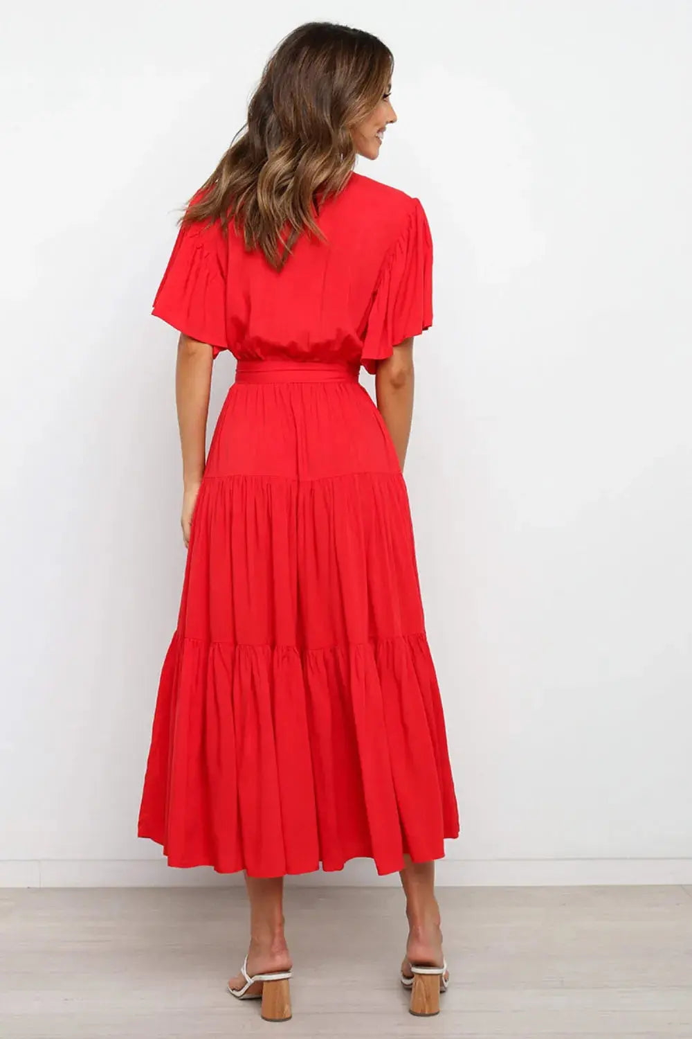 Front Tie Short Sleeve Tiered Midi Dress.