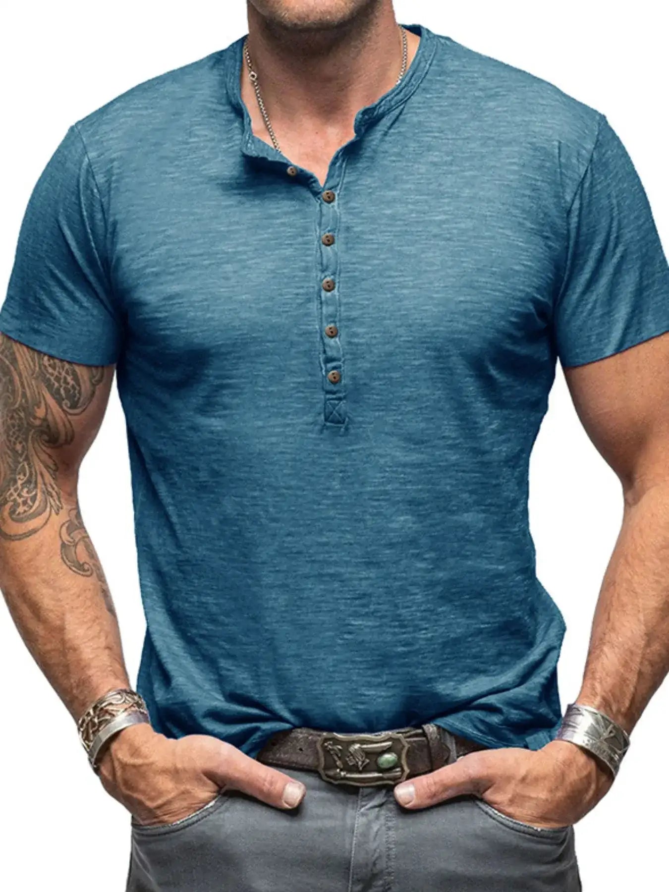 Men's Casual Henley Short Sleeve Button Top.