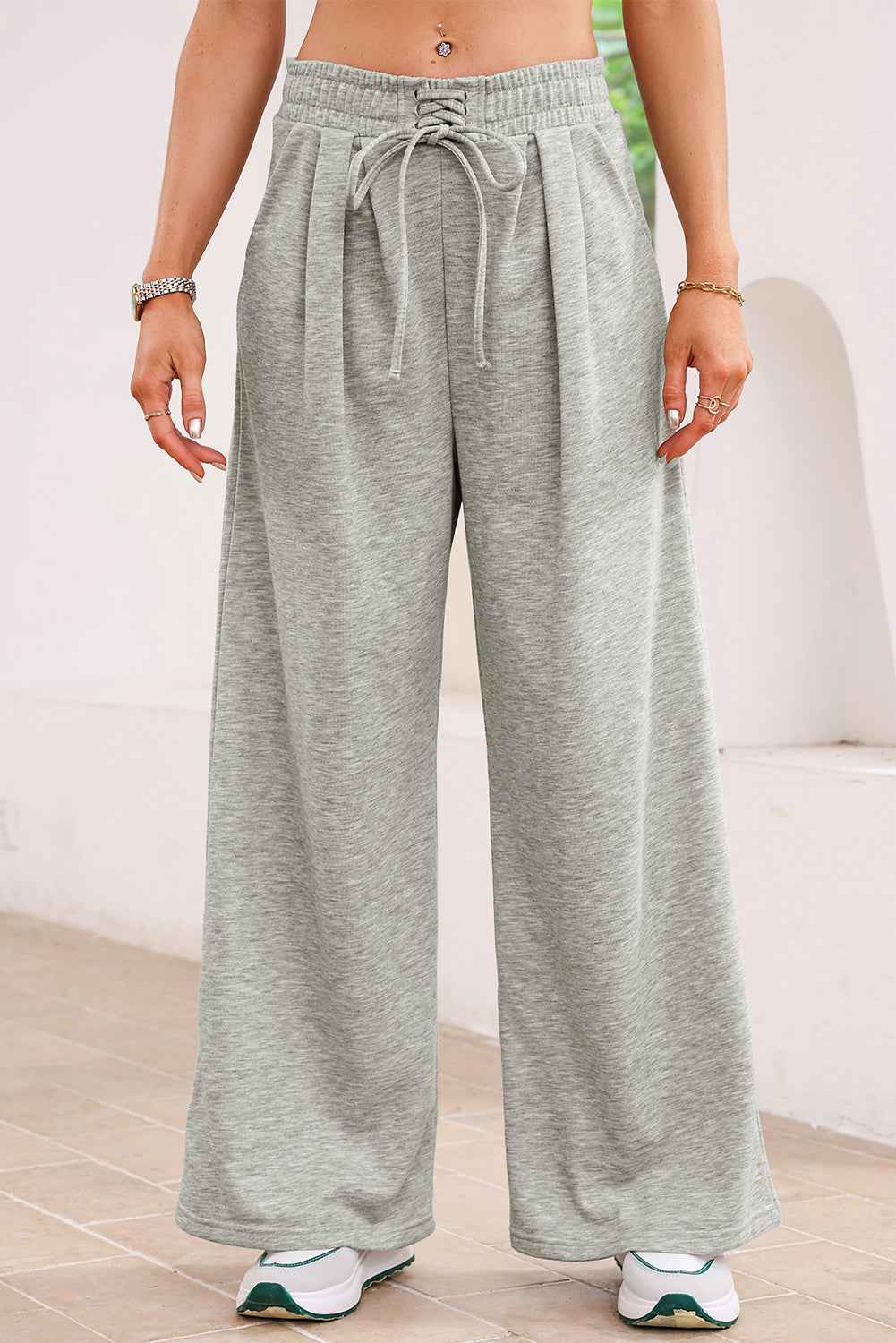 Gray Tied Elastic High Waist Pleated Detail Solid Sweatpants