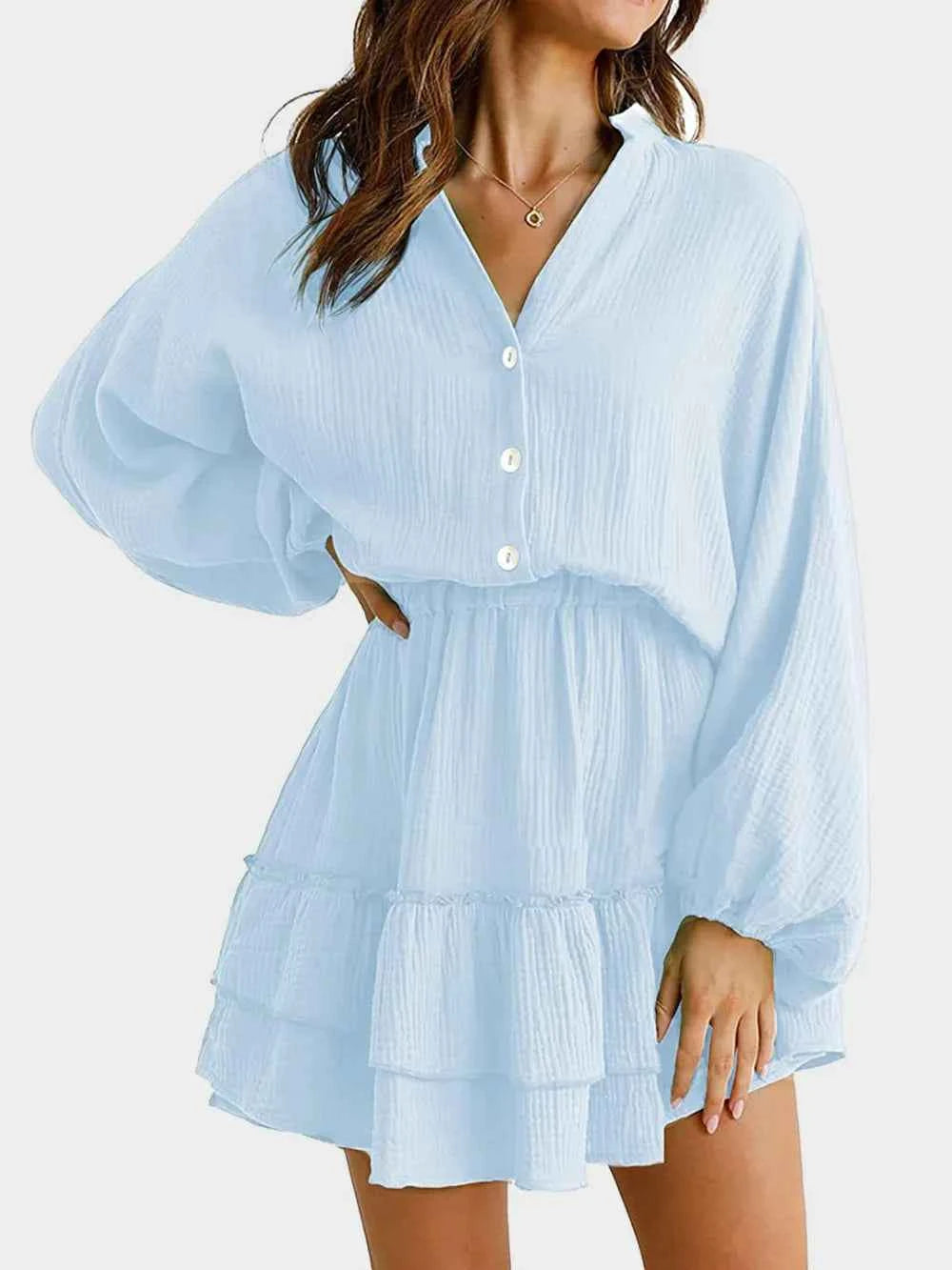 Ruffled Notched Balloon Sleeve Mini Dress.