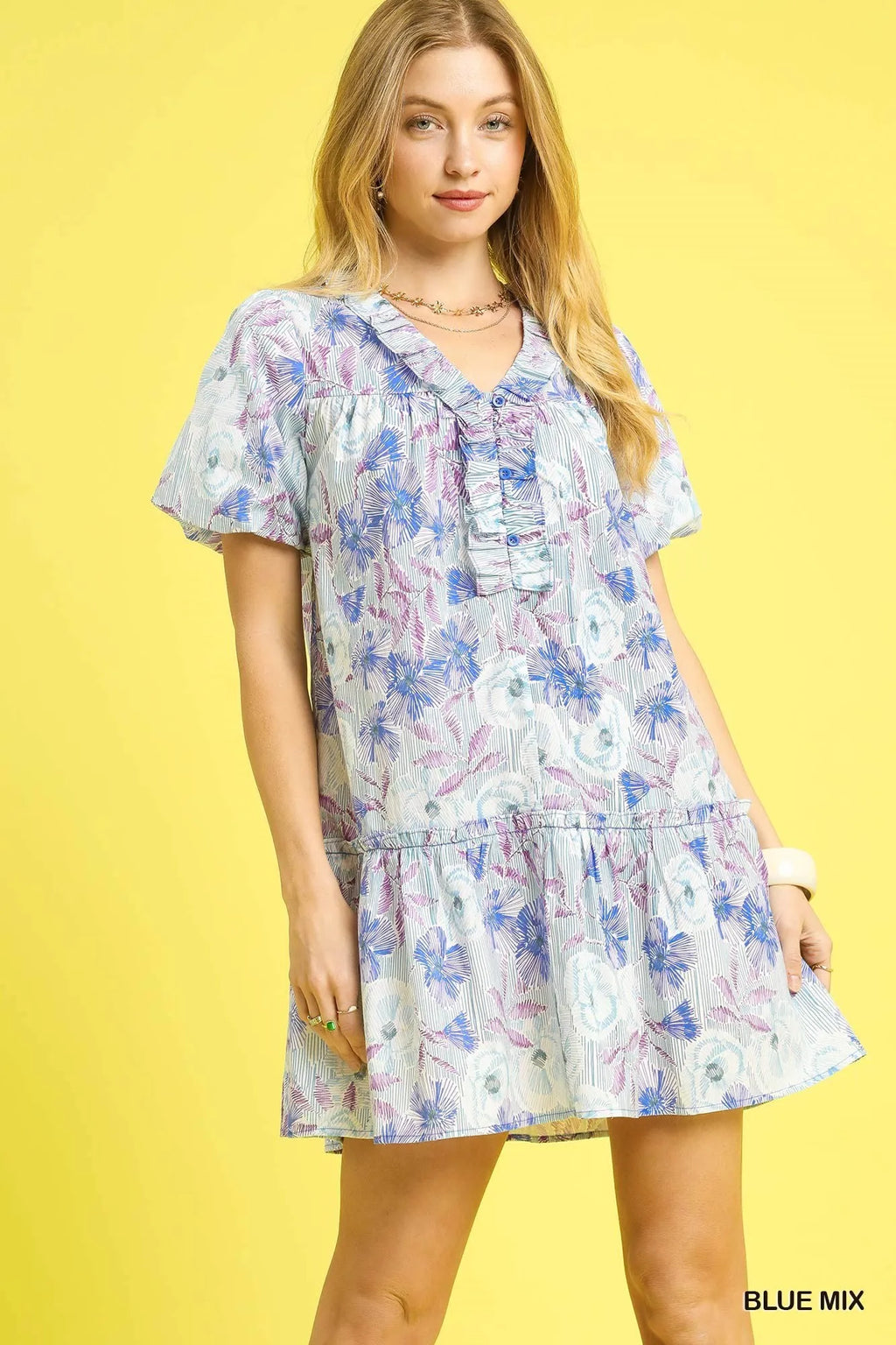Umgee Floral Ruffled Puff Sleeve Mini Dress.