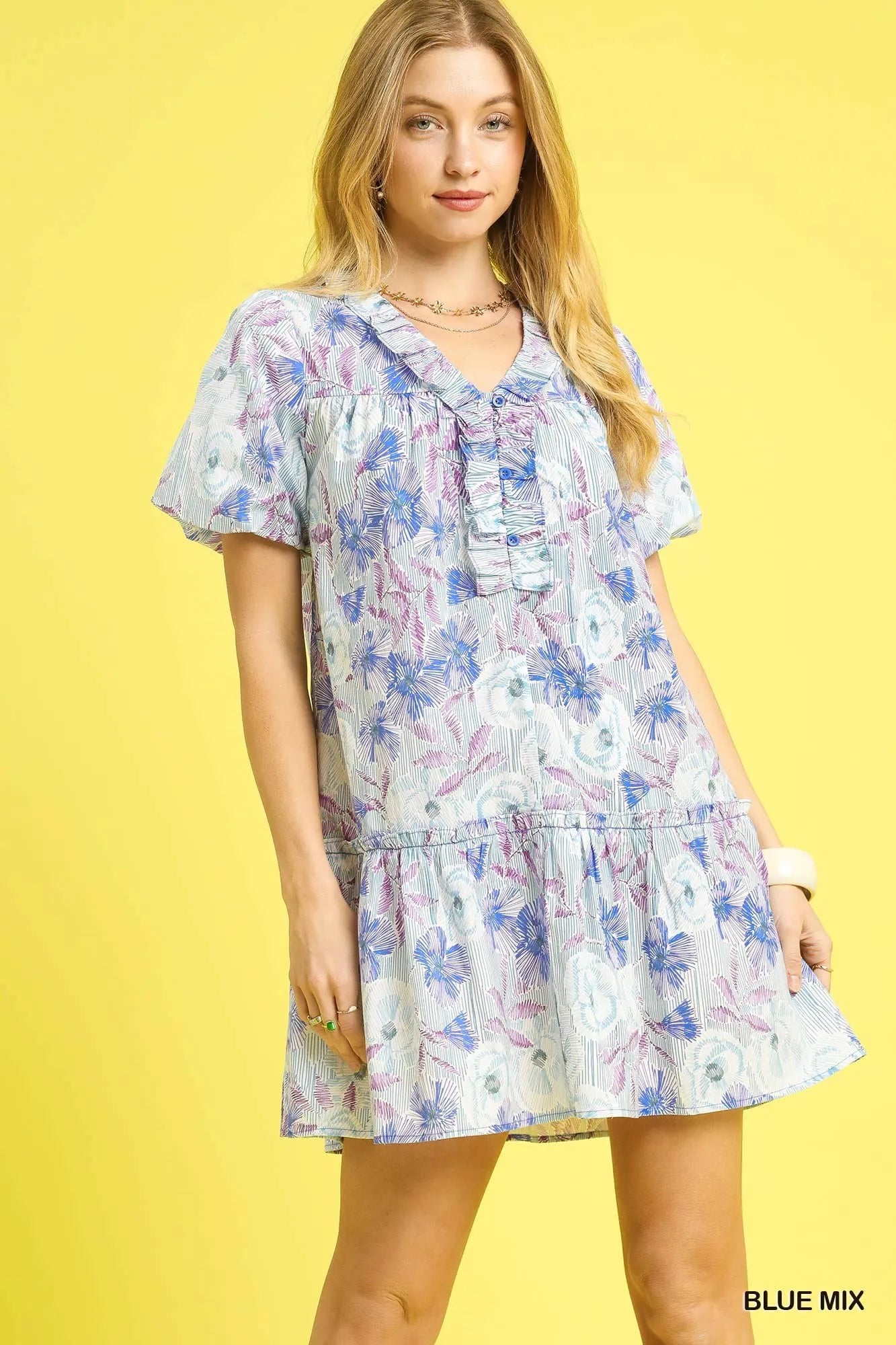 Umgee Floral Ruffled Puff Sleeve Mini Dress.