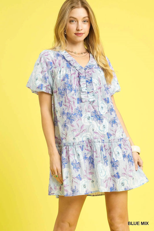 Umgee Floral Ruffled Puff Sleeve Mini Dress.