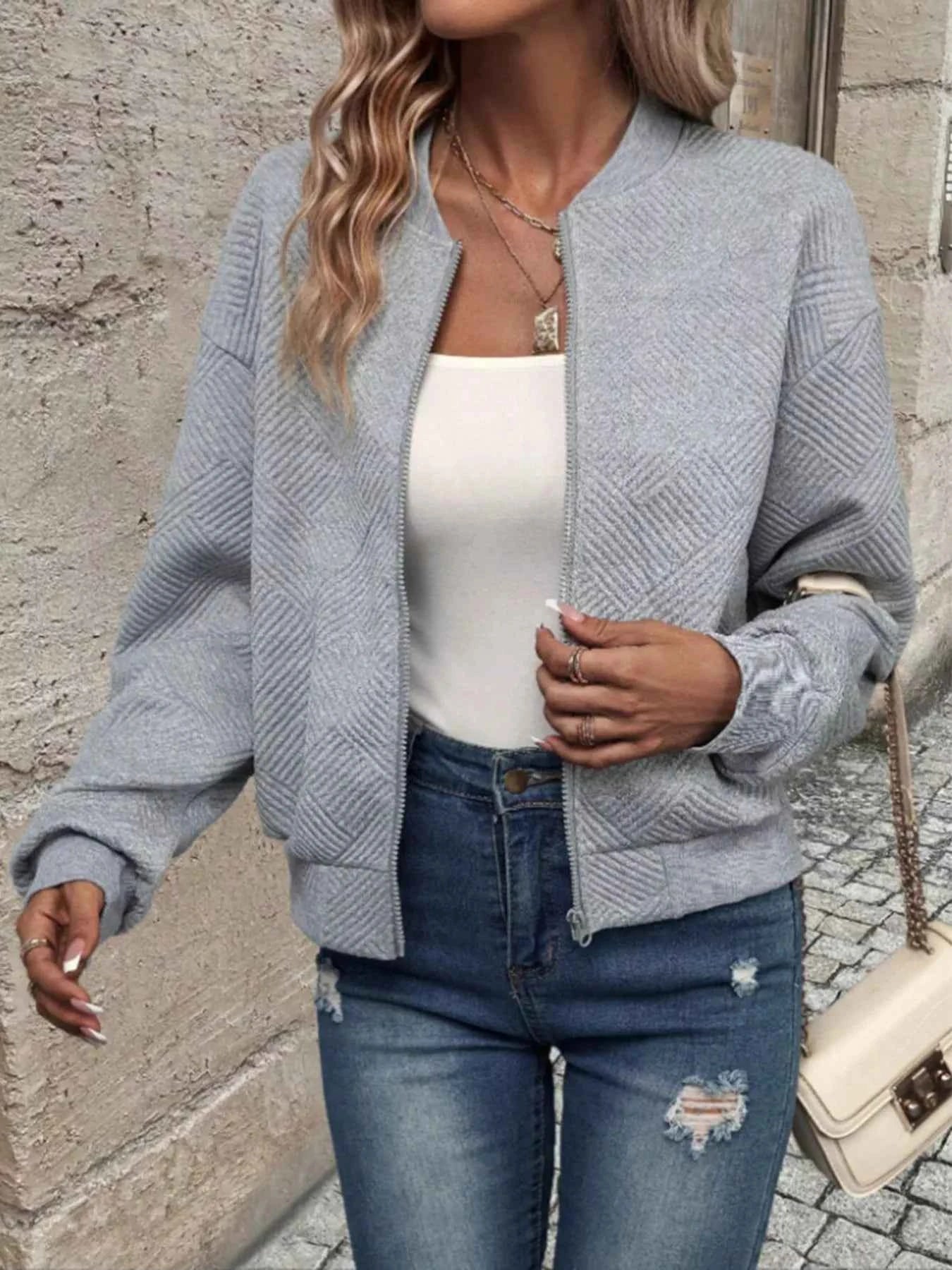 Textured Knit Zip-Up Bomber Jacket