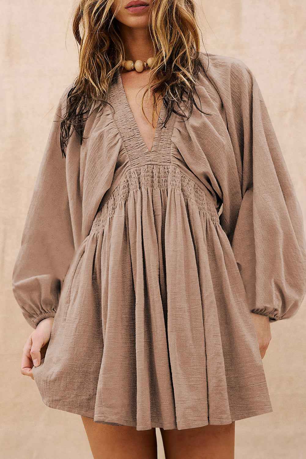 Smoke Gray Deep V Neck Bubble Sleeve Smocked Mini Dress