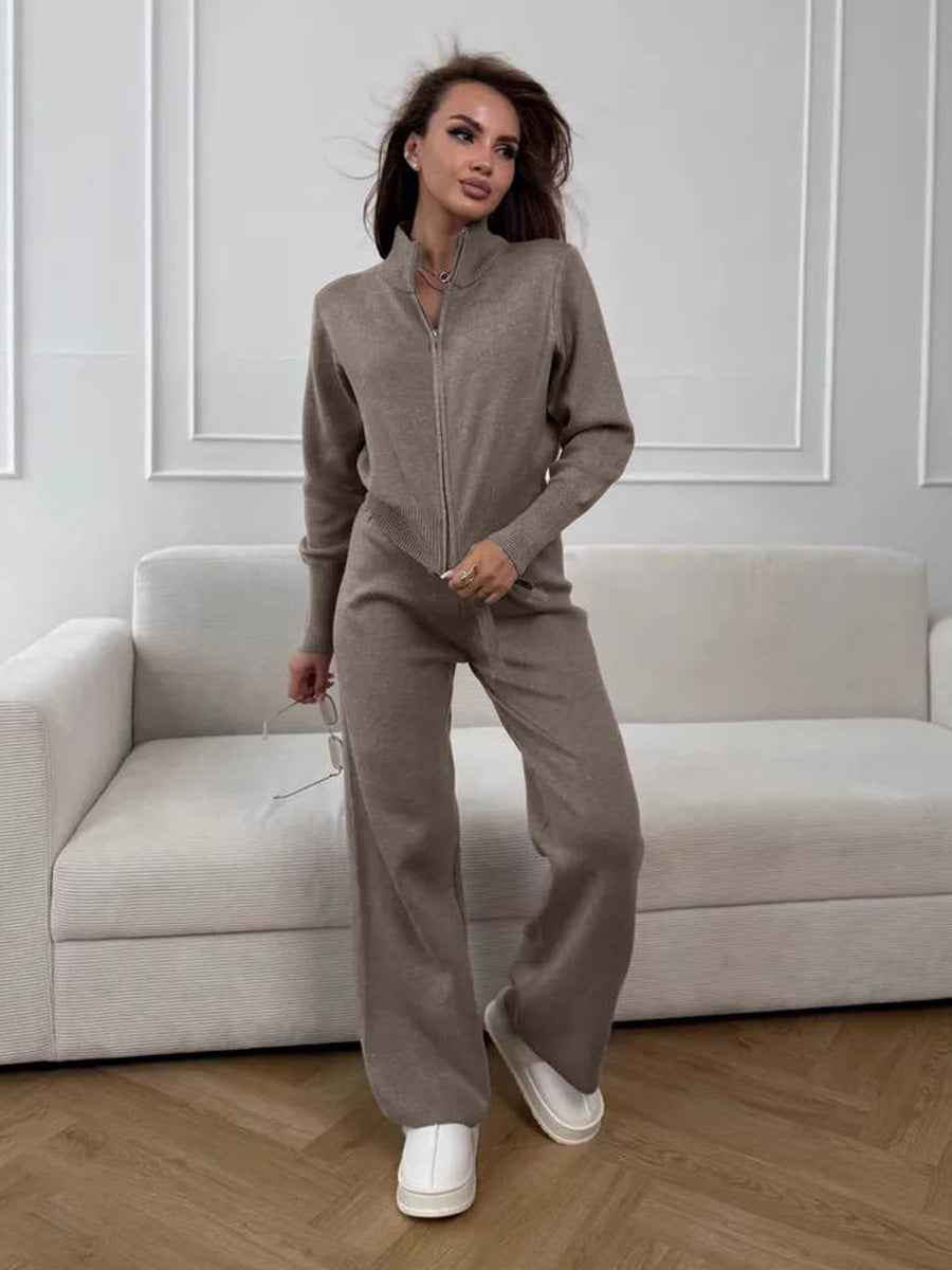 Double zipper knitted slim sweater set