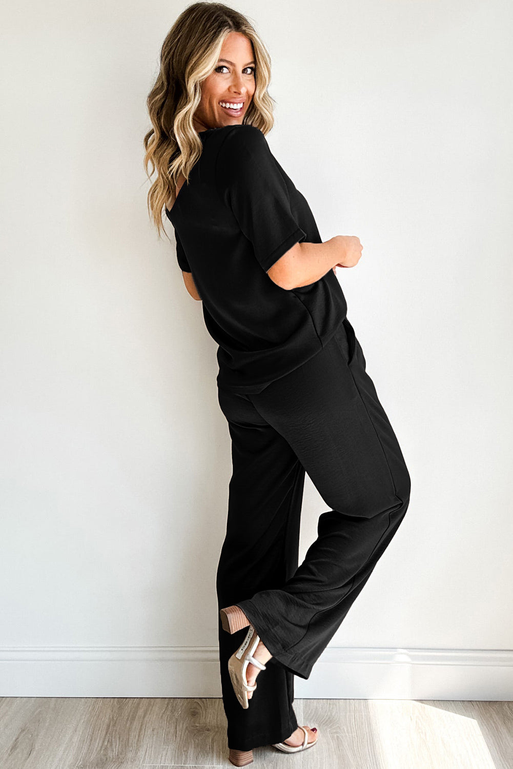 Black Solid Color T Shirt 2pcs Wide Leg Pants Set Dear-Lover Dropshipping