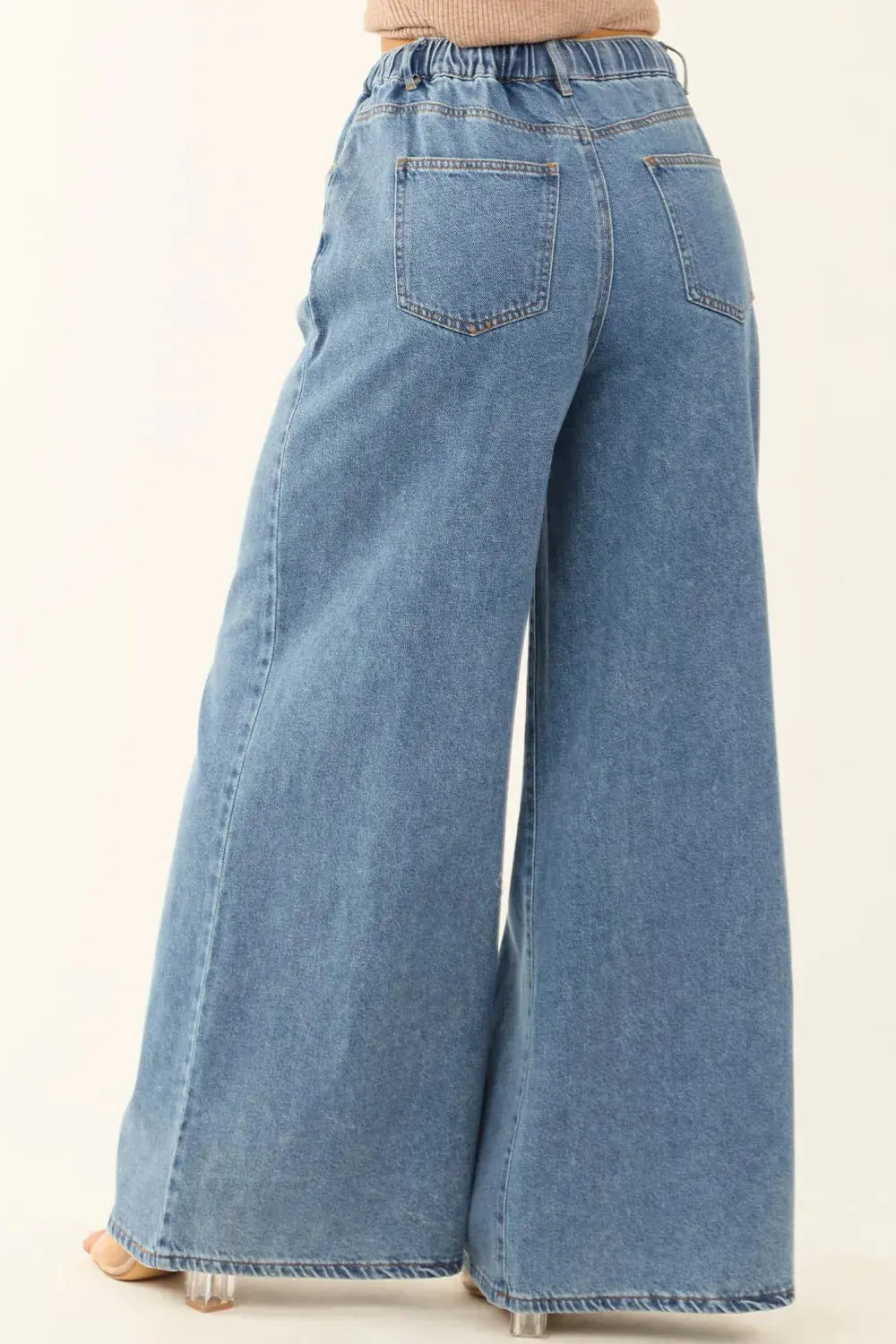 Medium Wash Super Wide Leg Denim Pants.