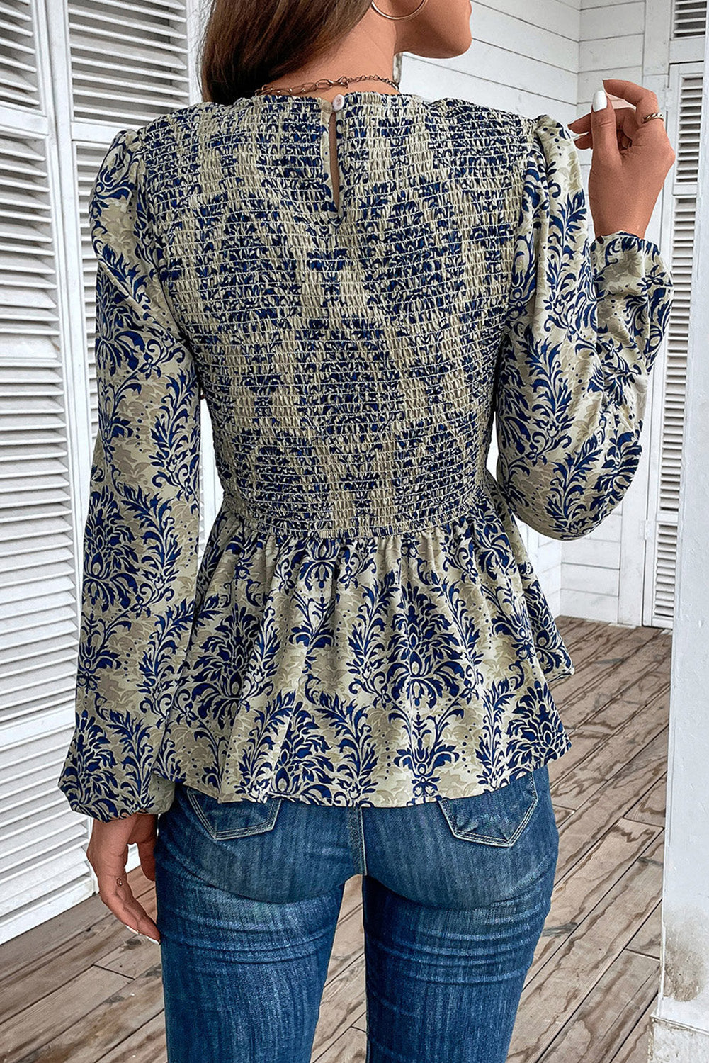 Sky Blue Boho Printed Balloon Sleeve Smocked Peplum Blouse Dear-Lover Dropshipping