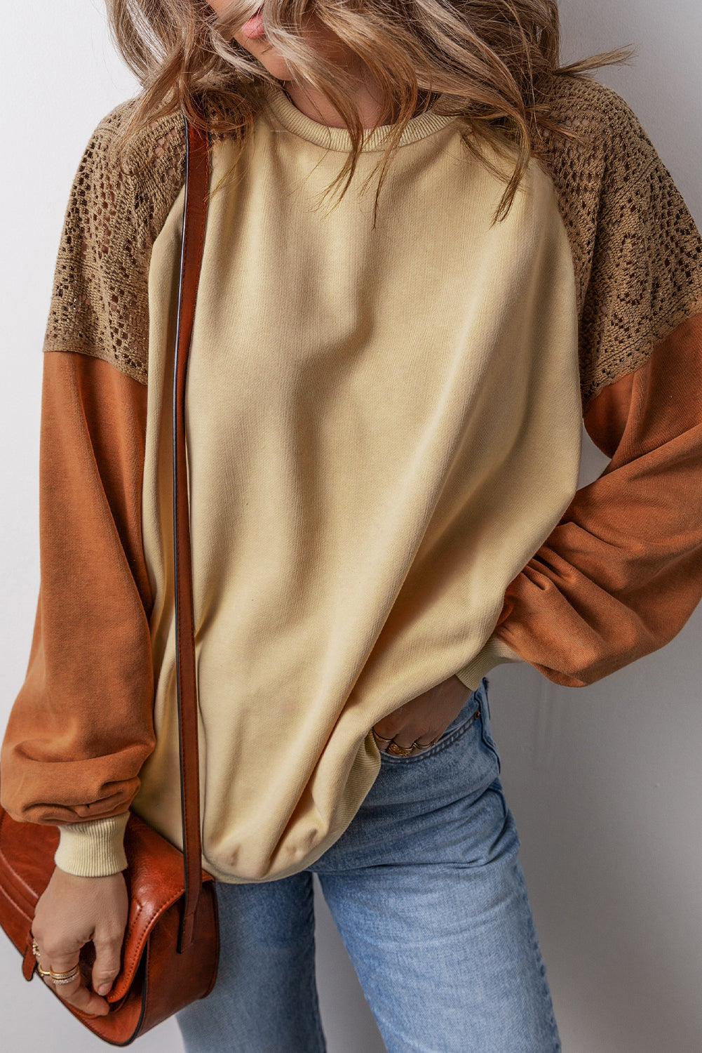 Khaki Lace Patchwork Colorblock Drop Shoulder Sweatshirt Dear-Lover Dropshipping