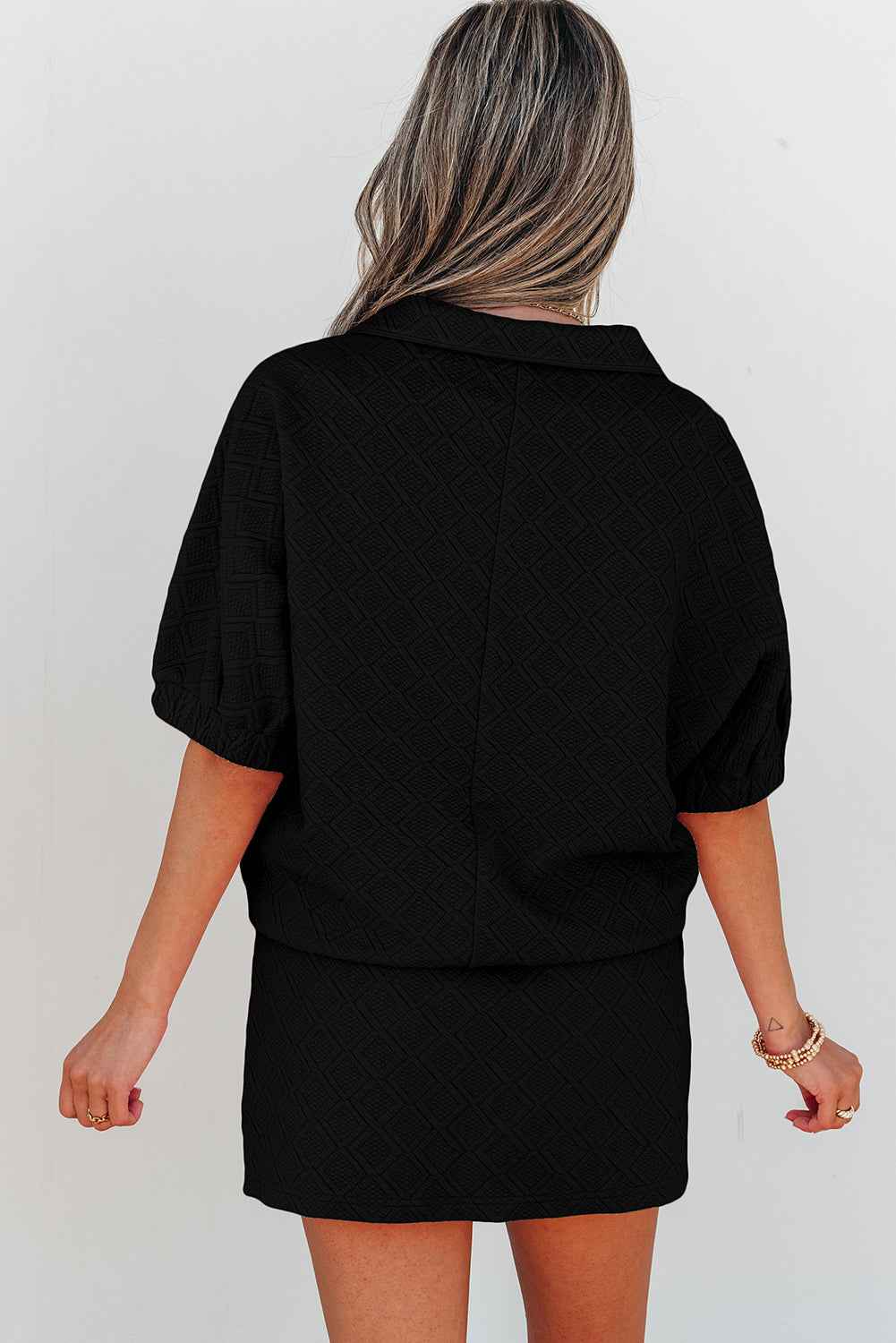 Color black Striped Collared Zip up Textured Skirt Set