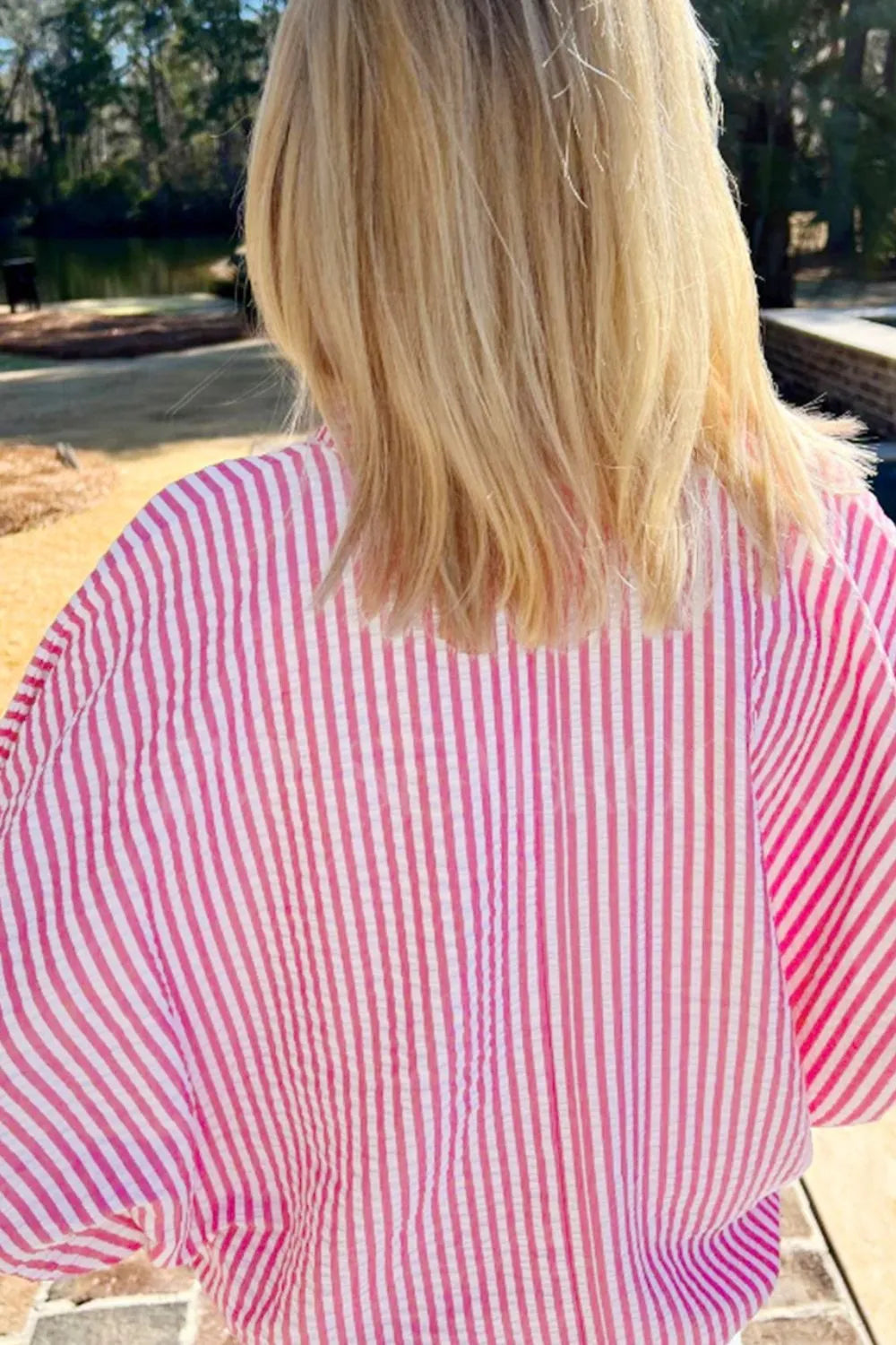 Striped Print Contrast Split Neck Dolman Sleeve Blouse.