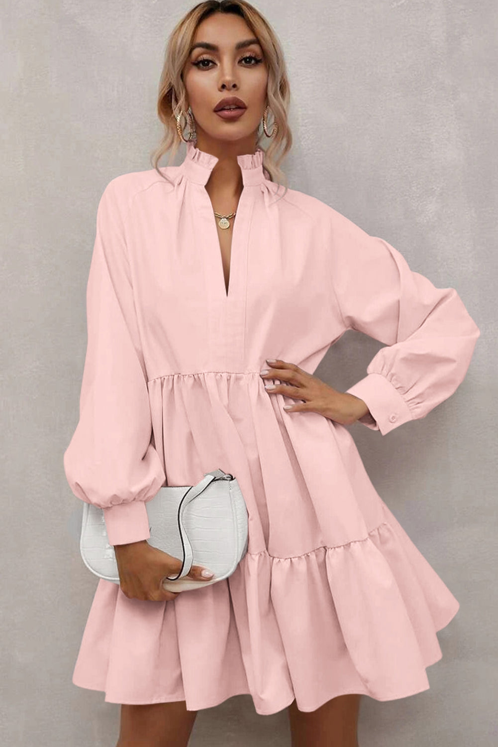Pink Frilled Stand Collar Long Sleeve Ruffle Dress Dear-Lover Dropshipping
