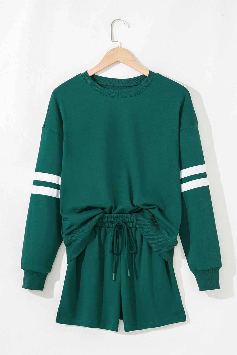 Evergreen Varsity Striped Sleeve Drop Shoulder Sweatshirt and Short Set