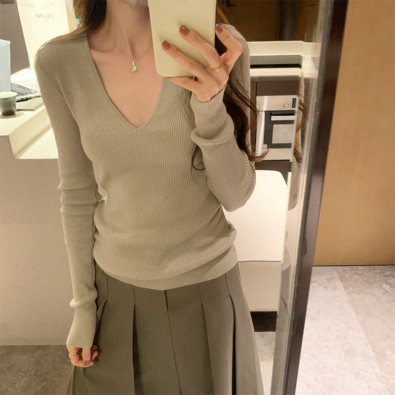 V-Neck Lazy Style Knitted Sweater for Women,Soft Long Sleeve Top, Inner Layer Basic Shirt