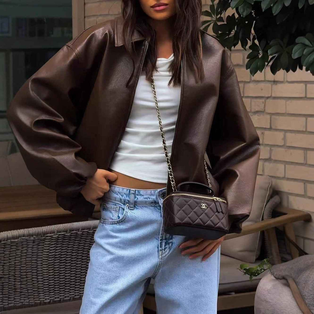 Zipper style faux leather jacket for women's clothing