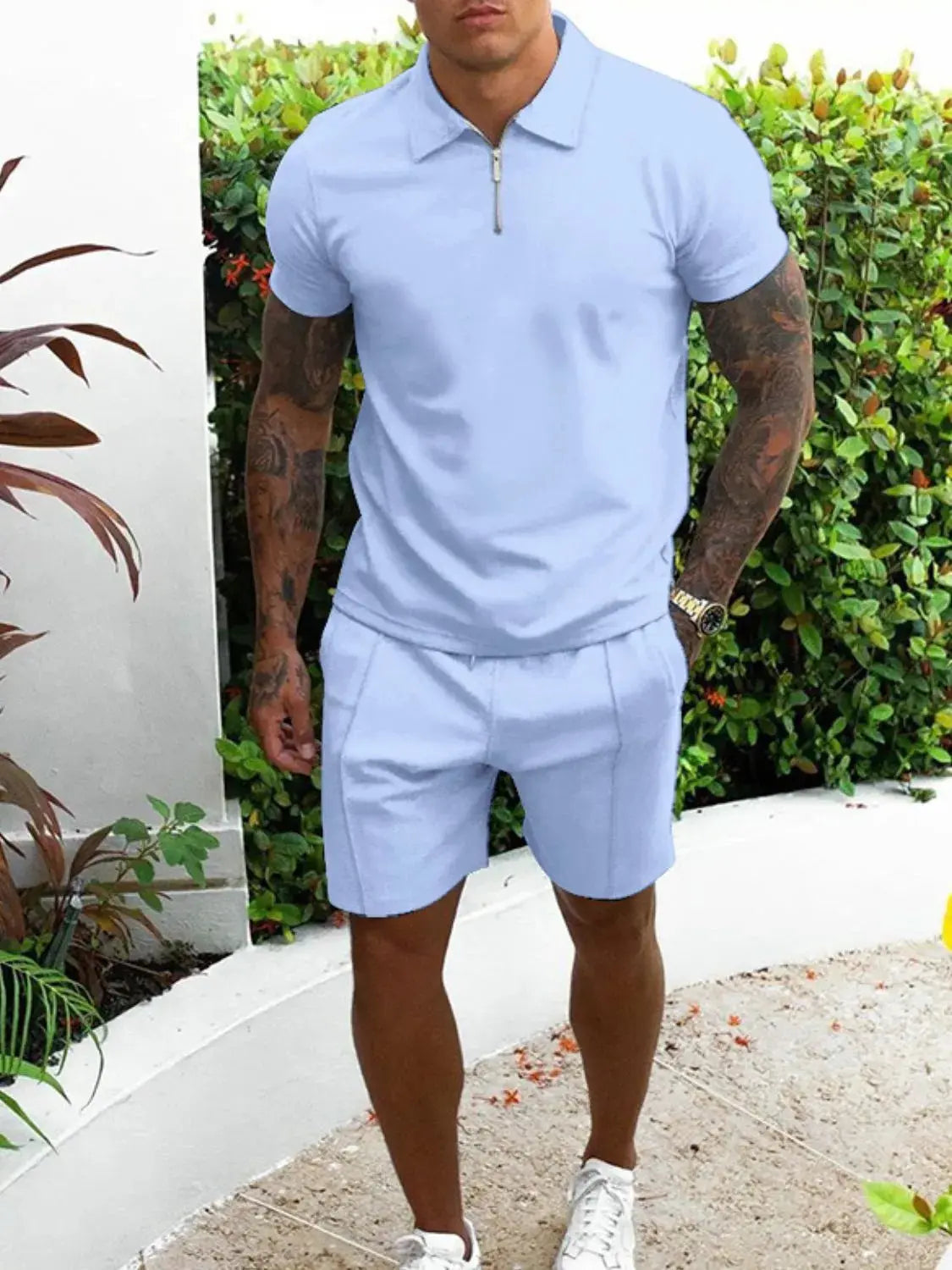 Men's Full Size Collared Neck Short Sleeve Top and Shorts Set Plus Size.