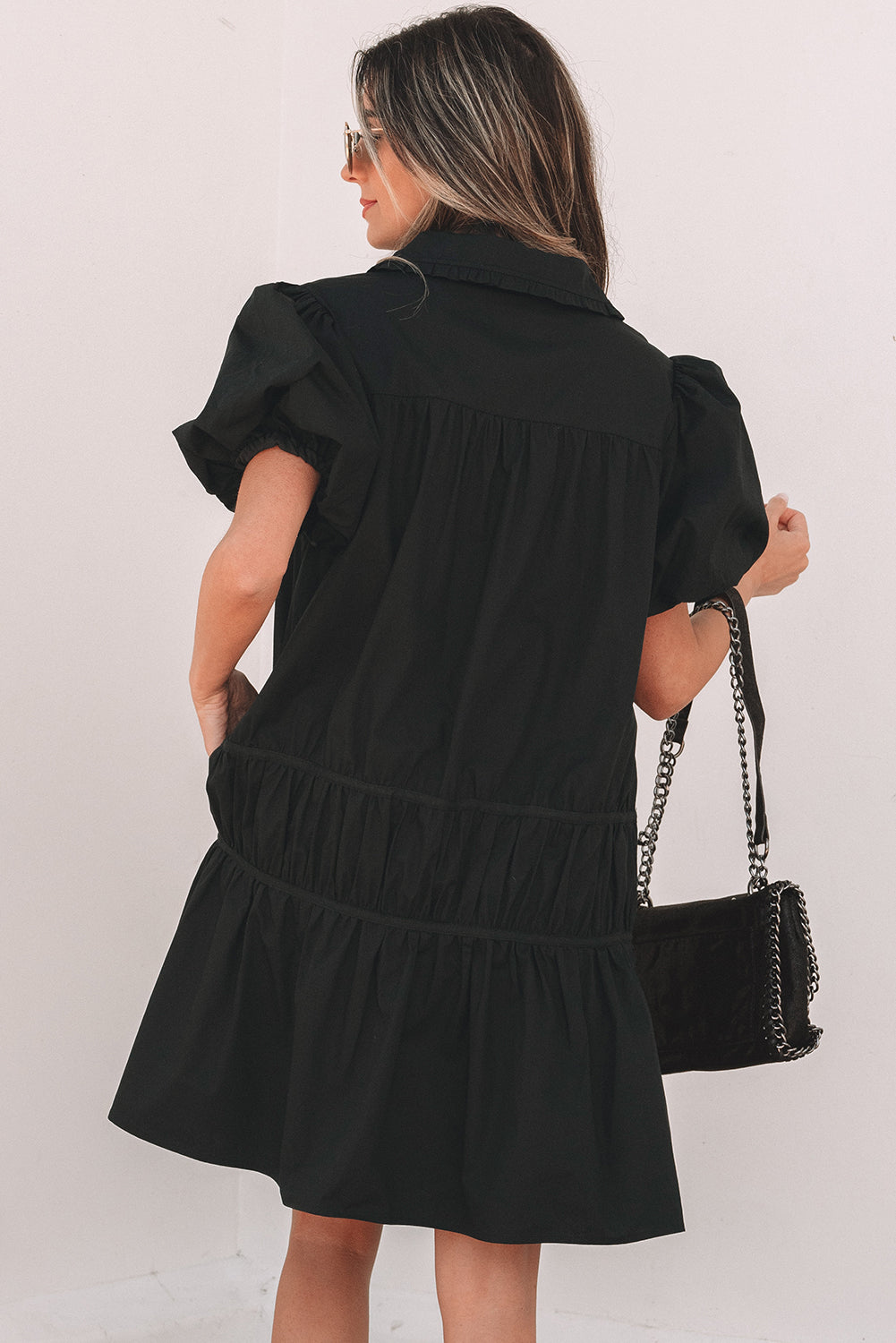 Black Shirt Style Button Down Puff Sleeve Ruffle Hem Dress Dear-Lover Dropshipping
