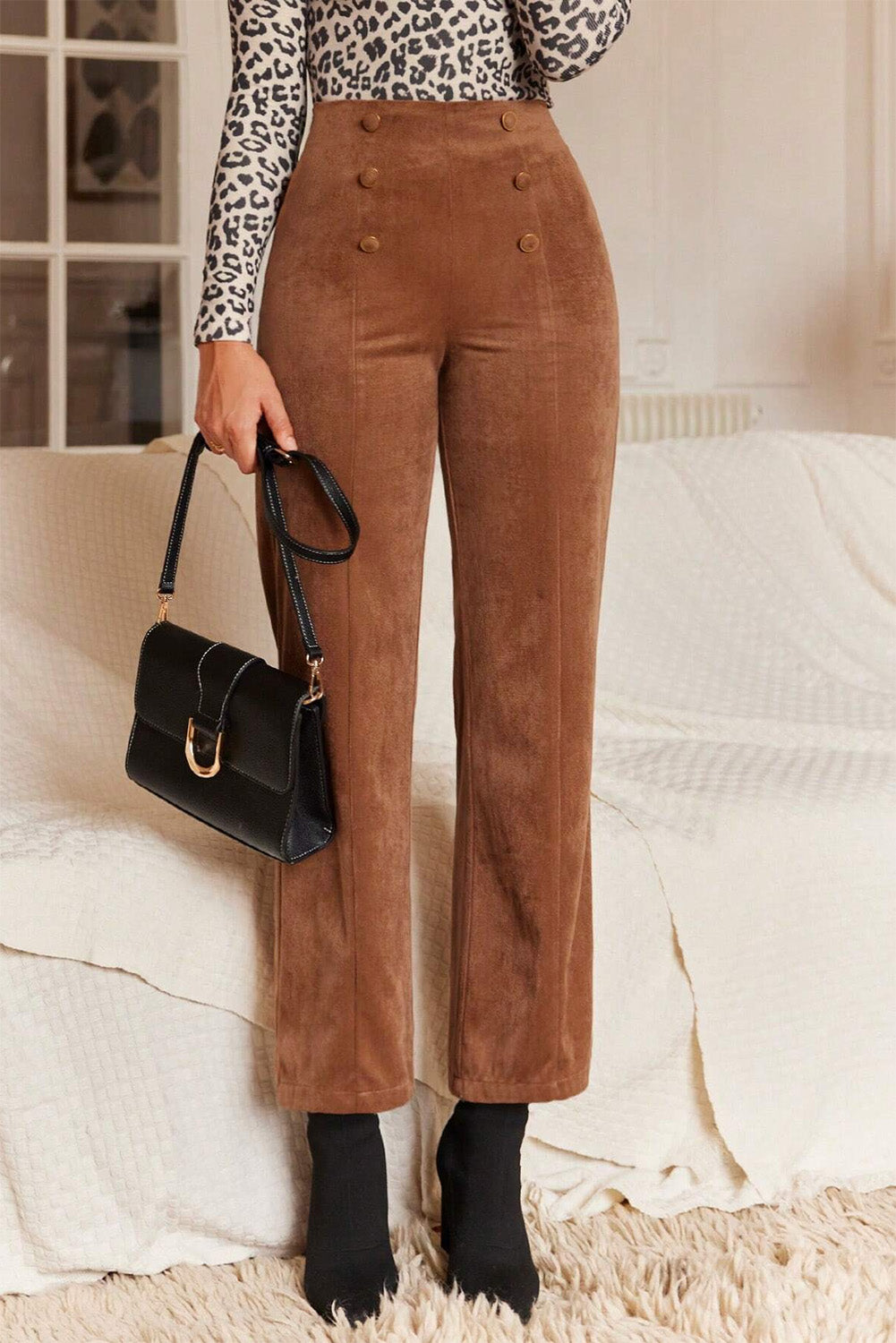 Chestnut Solid Color Double Breasted Straight Leg Pants Dear-Lover Dropshipping
