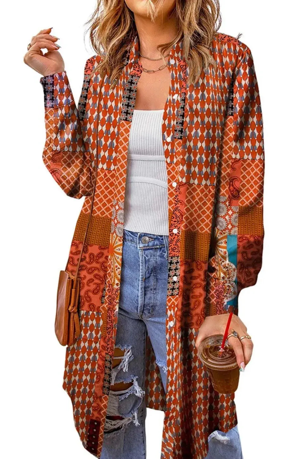 Printed Button Up Long Sleeve Cardigan.