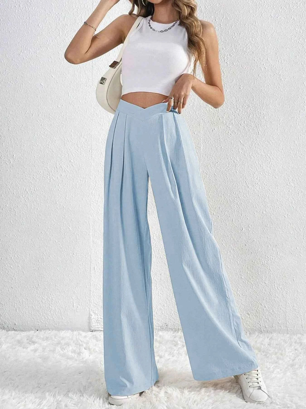 V-Waisted Ruched Front Wide Leg Pants