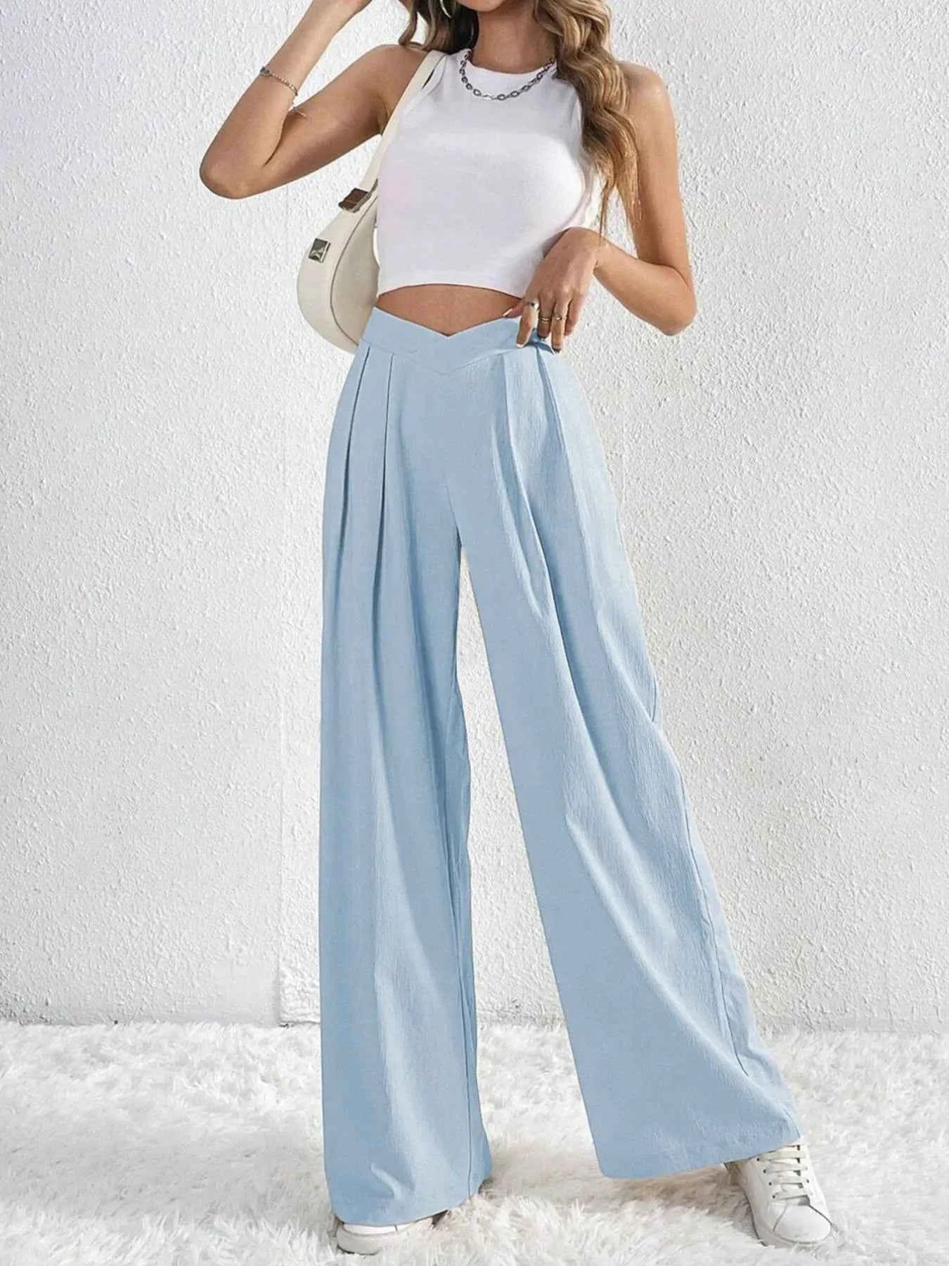 V-Waisted Ruched Front Wide Leg Pants