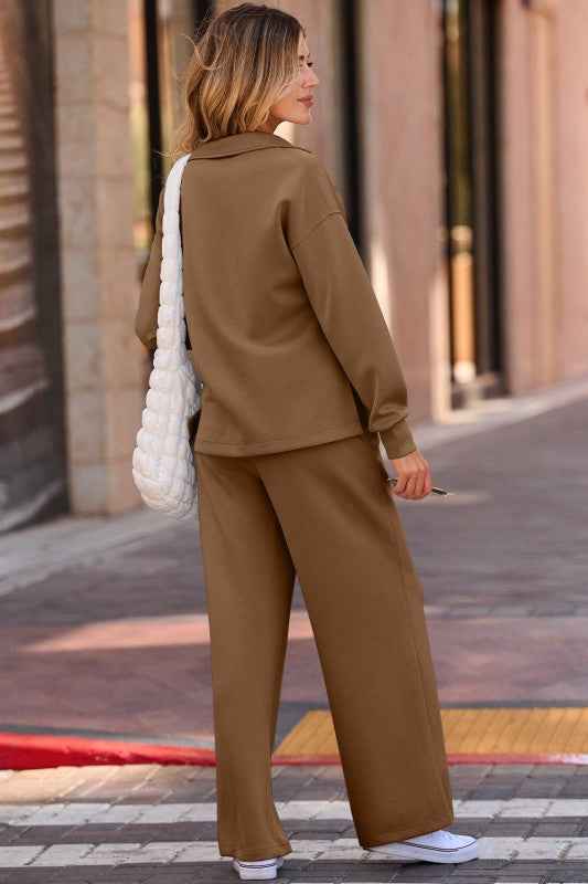 Solid V-Neck Top and High Waist Pants Set