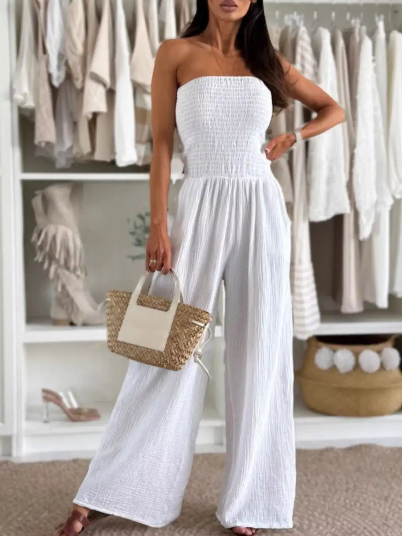 Smocked Tube Wide-Leg Jumpsuit.