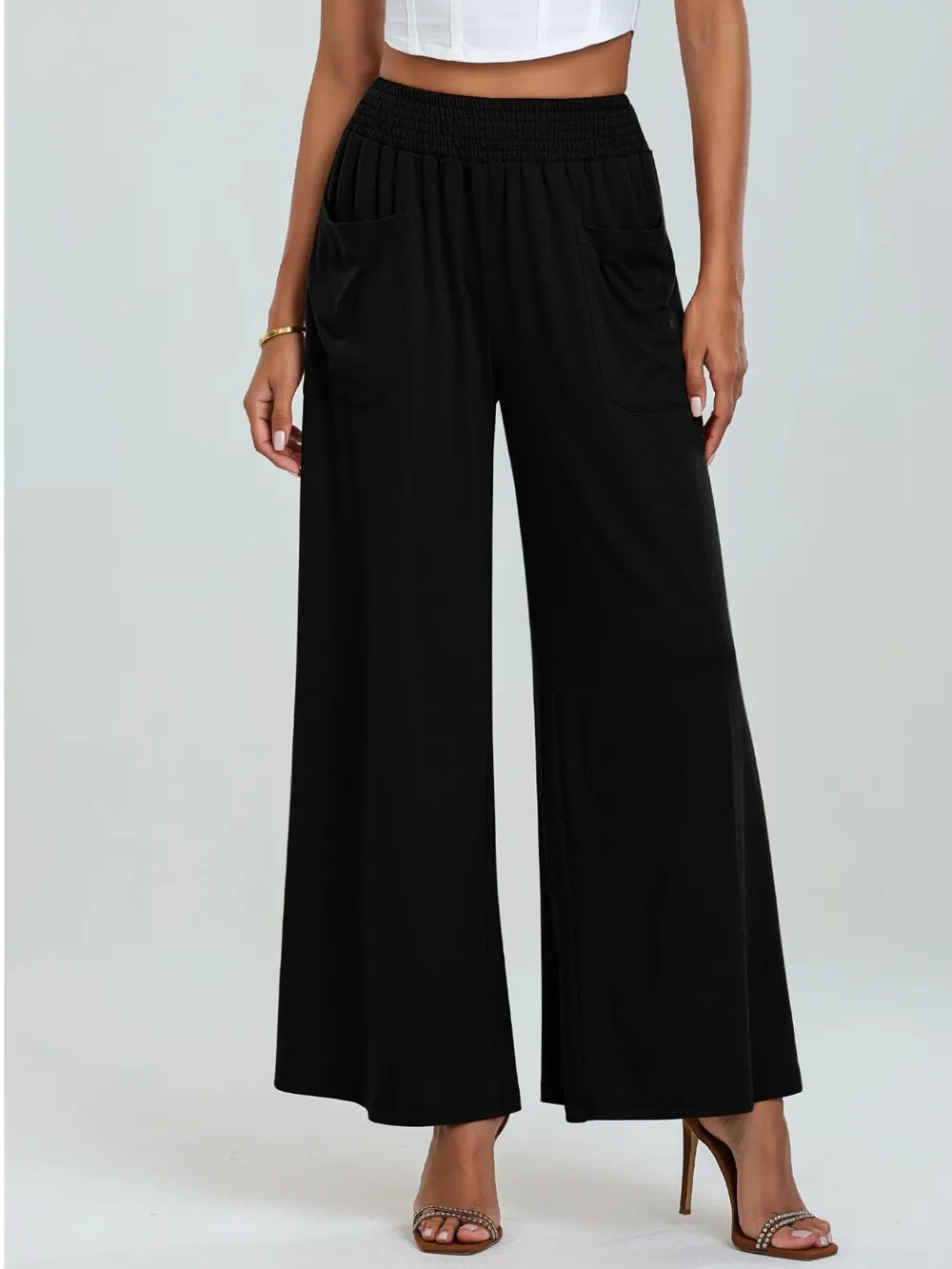 Pocketed Elastic Waist Wide Leg Pants.