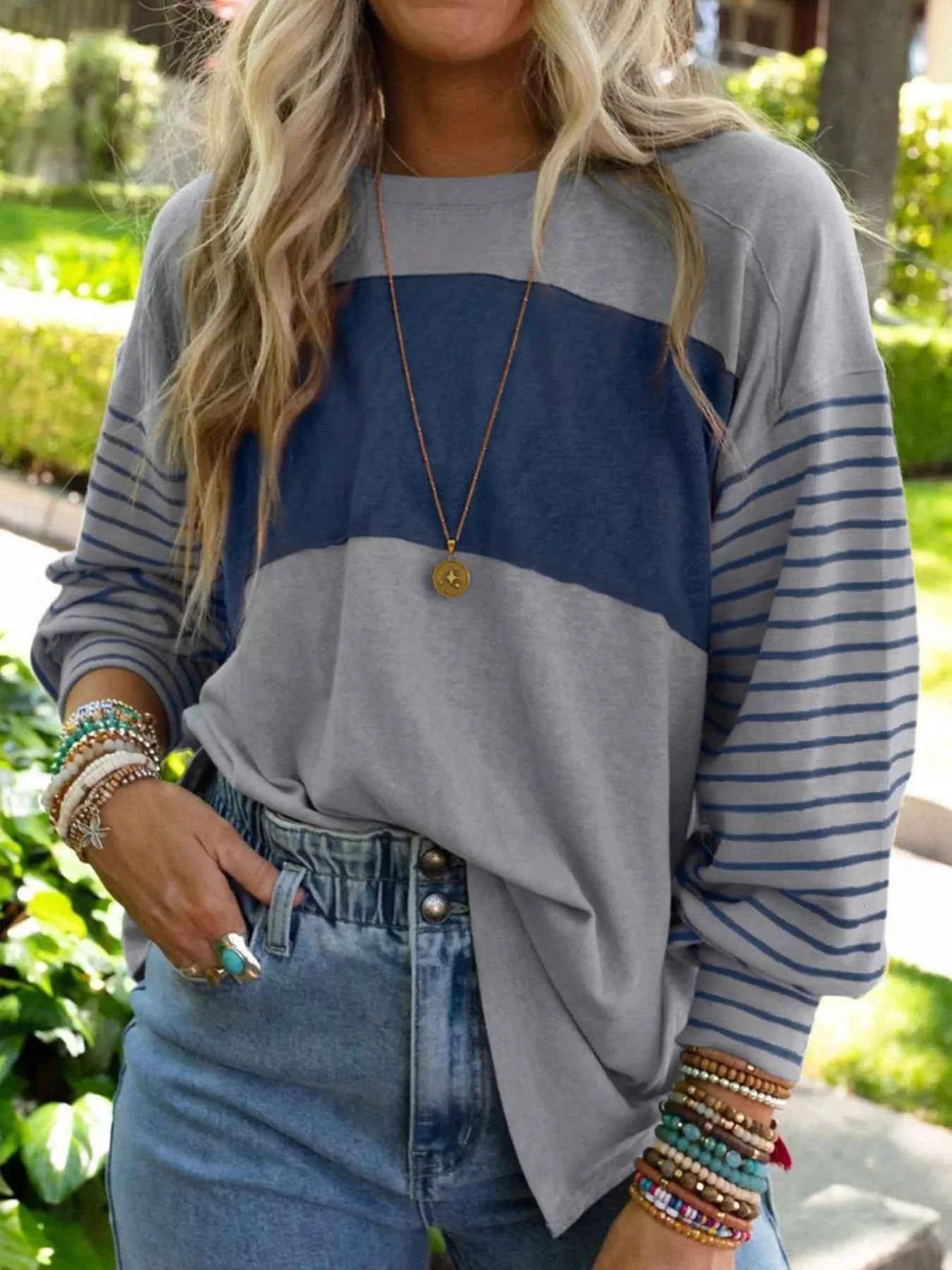 Striped Color Block Long Sleeve T-Shirt