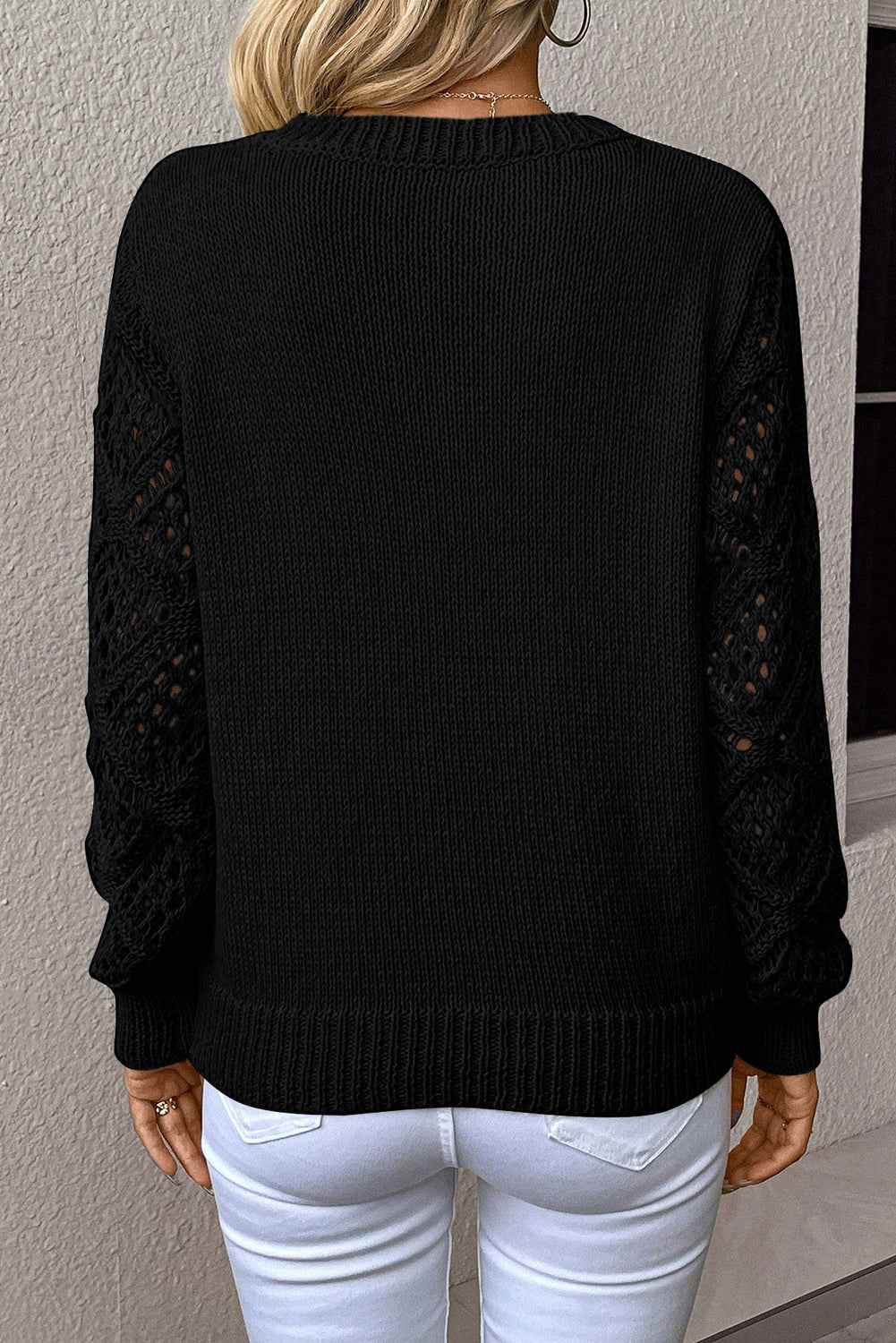 Black Solid V Neck Pointelle Knit Sleeve Patchwork Sweater