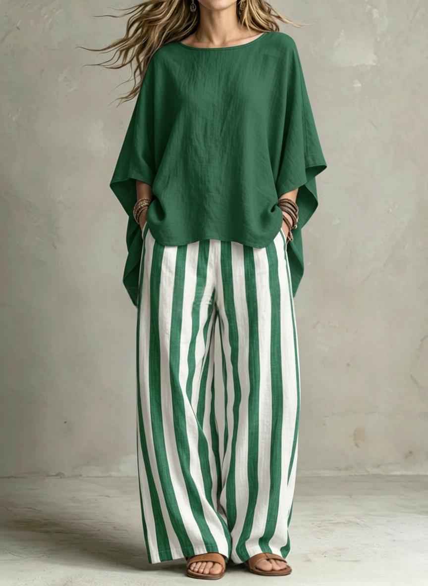 Womens Striped Pants And Cotton-Linen Top Set With Batwing Sleeves