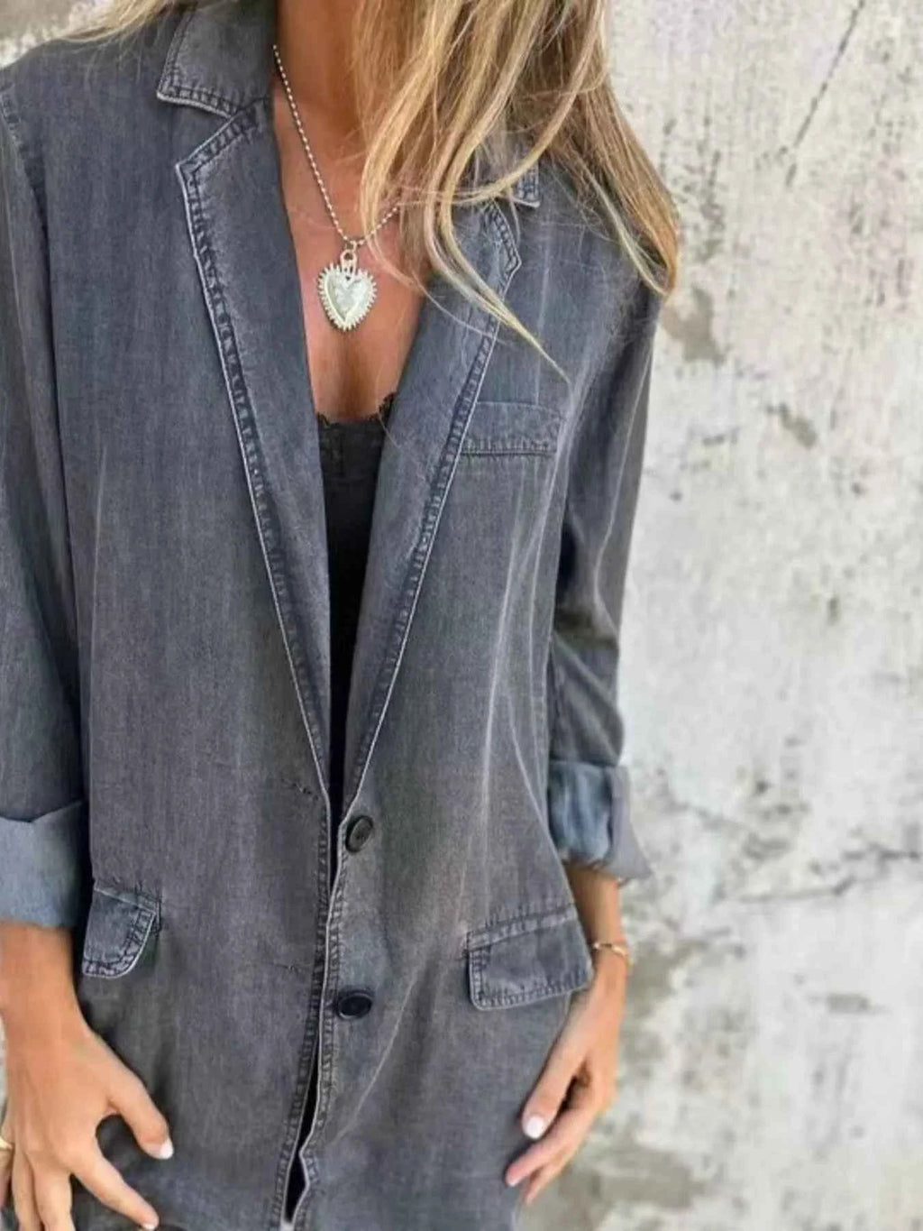 Full Size Button Down Denim Blazer Plus Size