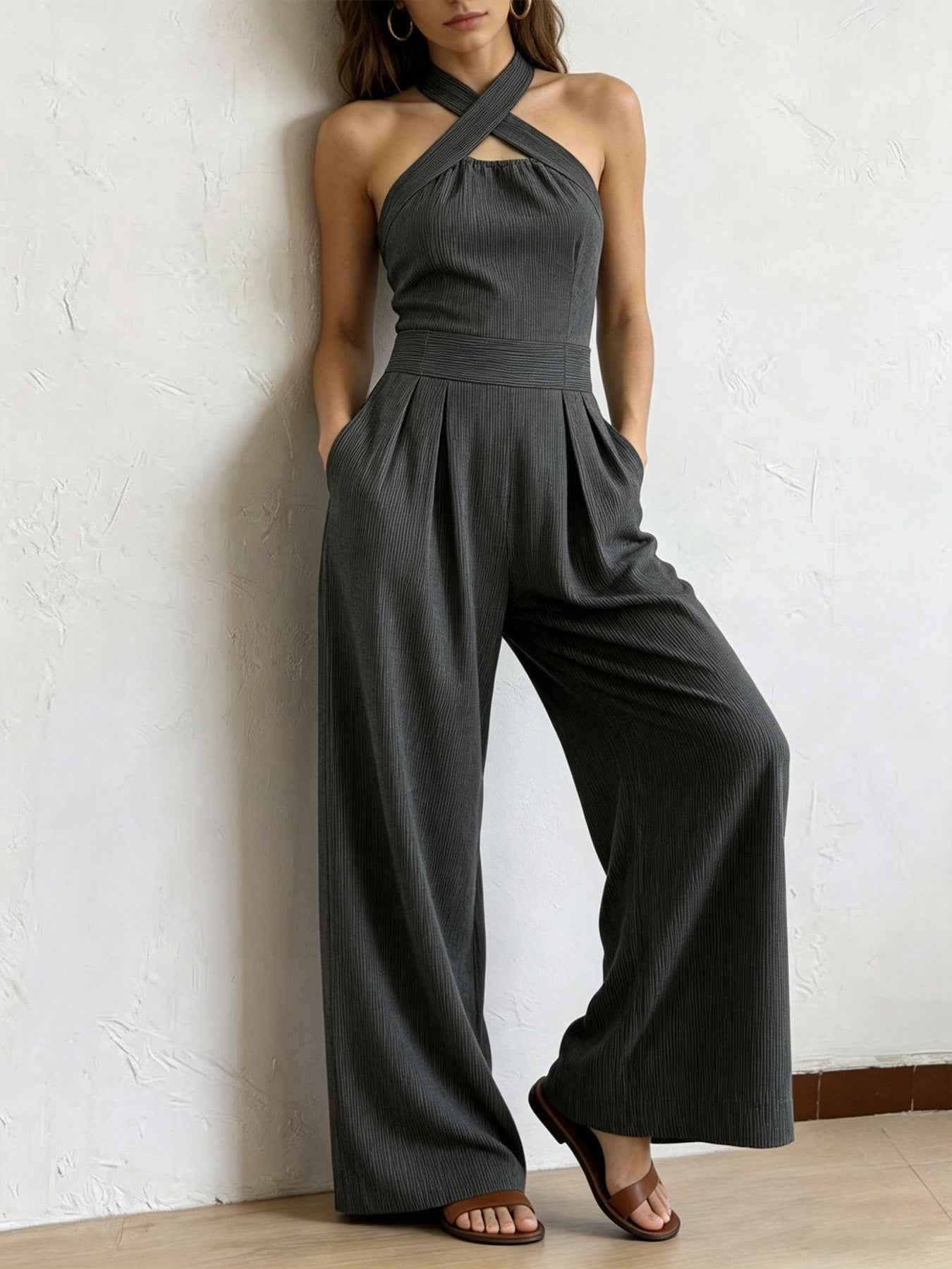 Off-shoulder Sleeveless Crossover Halter Jumpsuit