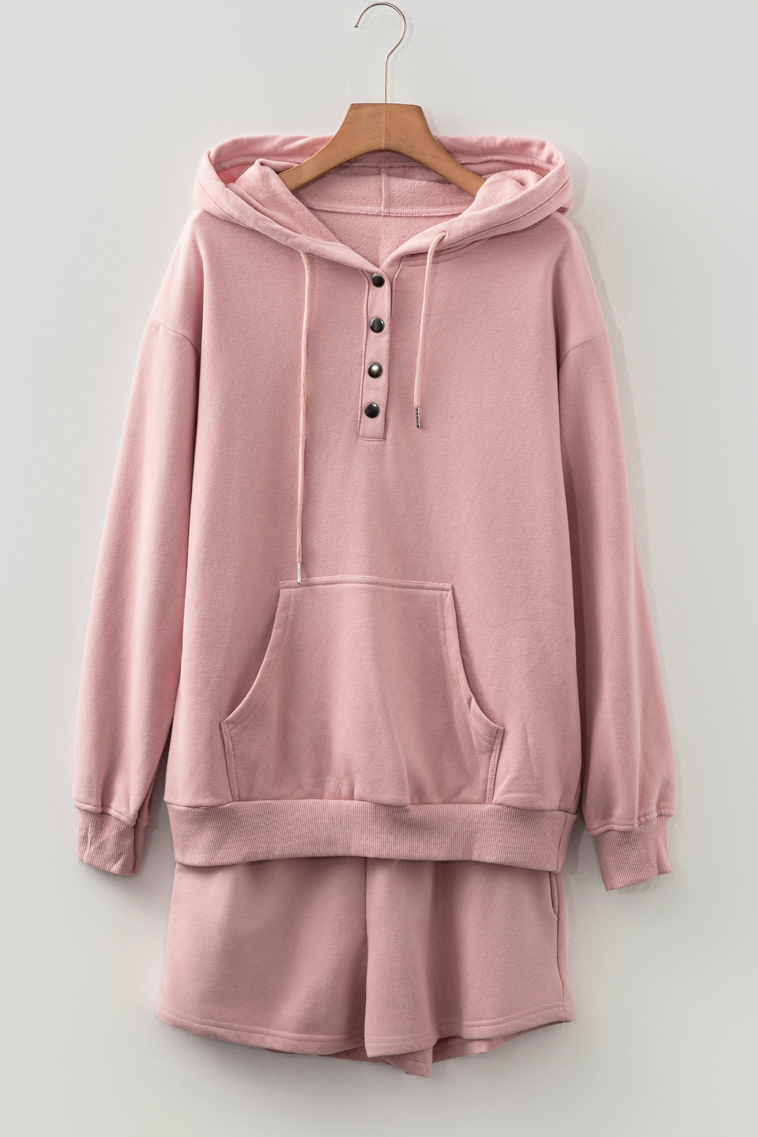 Peach Blossom Button Drawstring Hooded Pullover and Casual Short Set