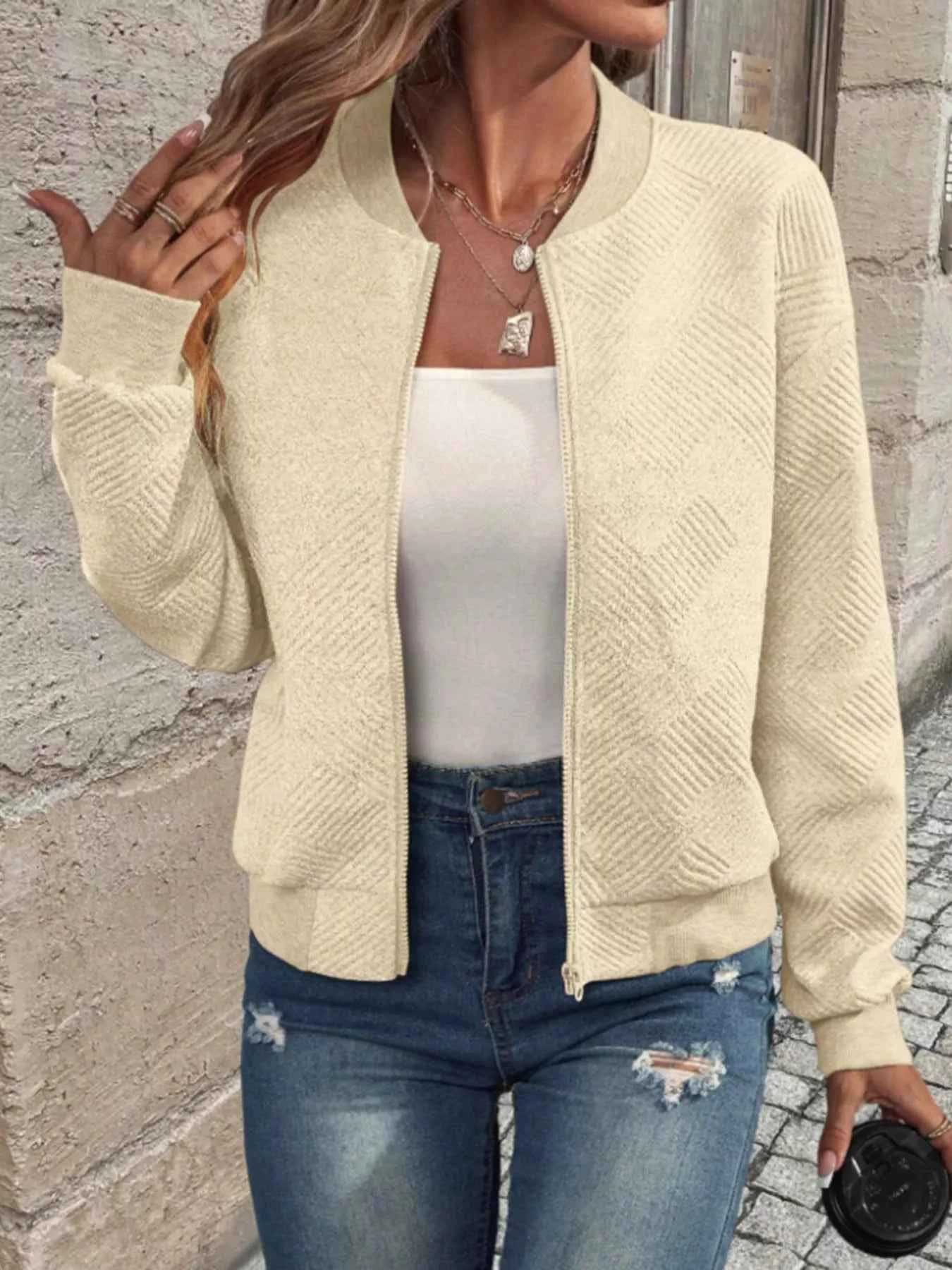 Textured Knit Zip-Up Bomber Jacket