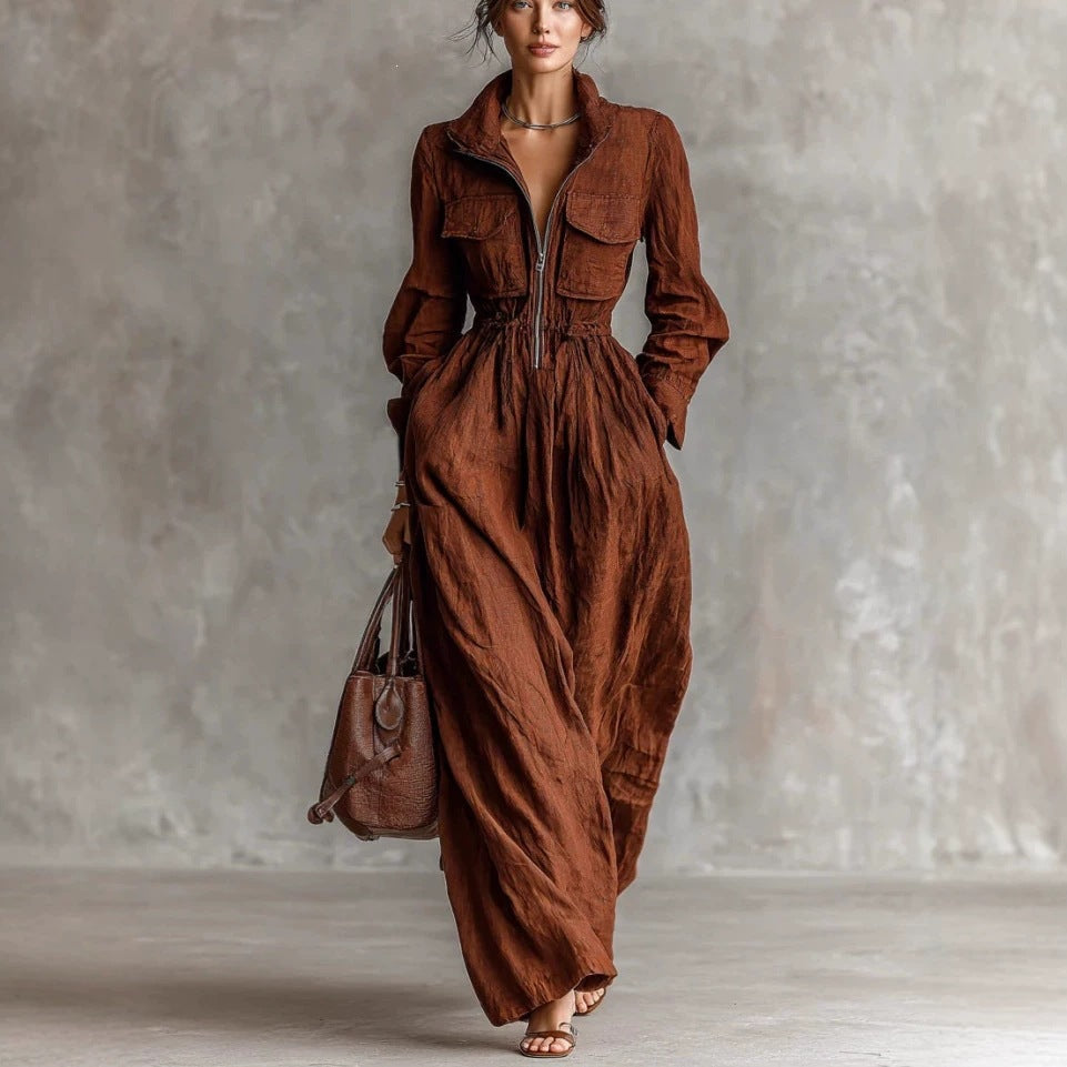 Women's Zipper Collar Elastic Waist Long Dress