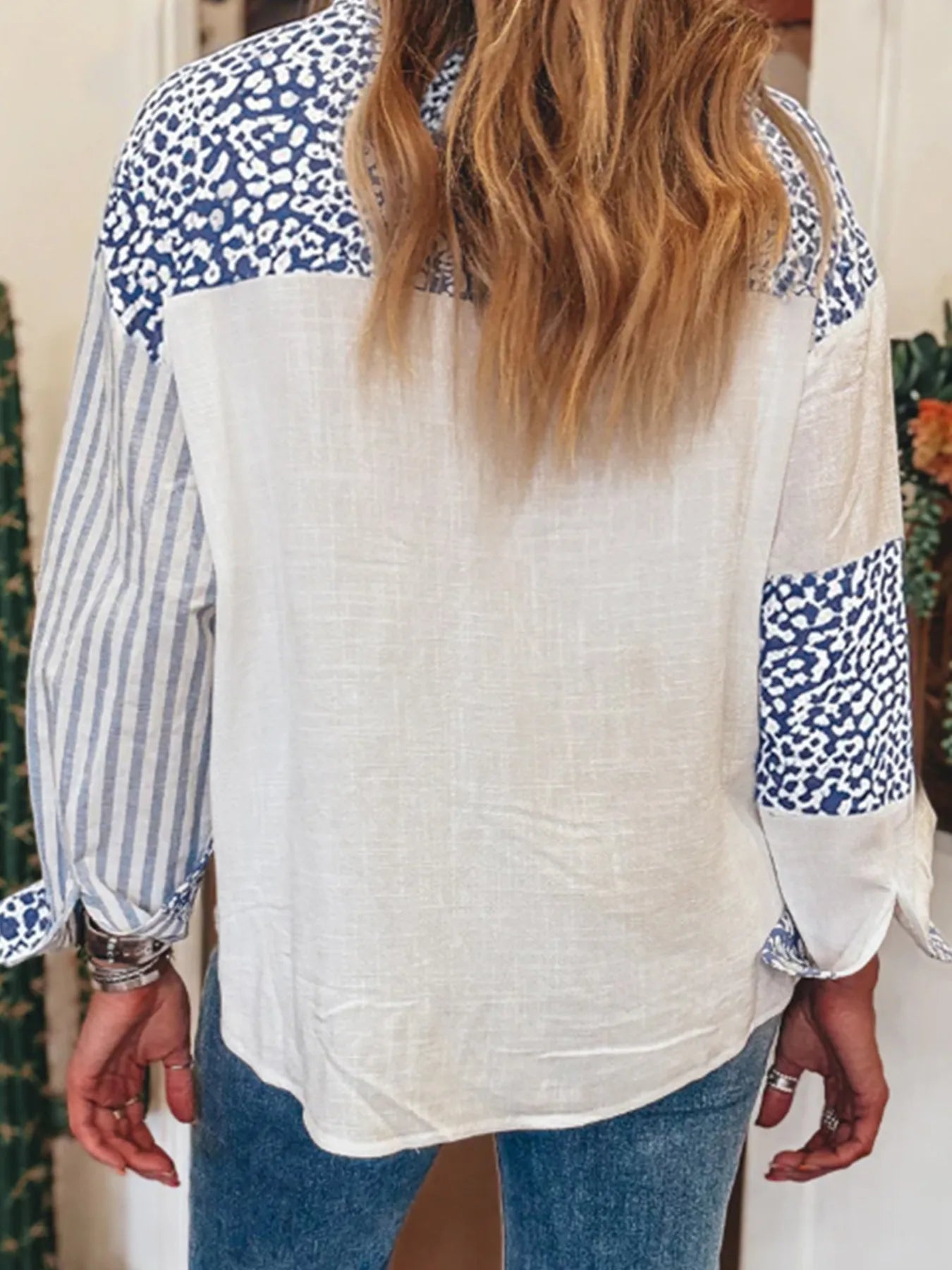 Striped Patchwork Button Down Shirt with Leopard Print Details.
