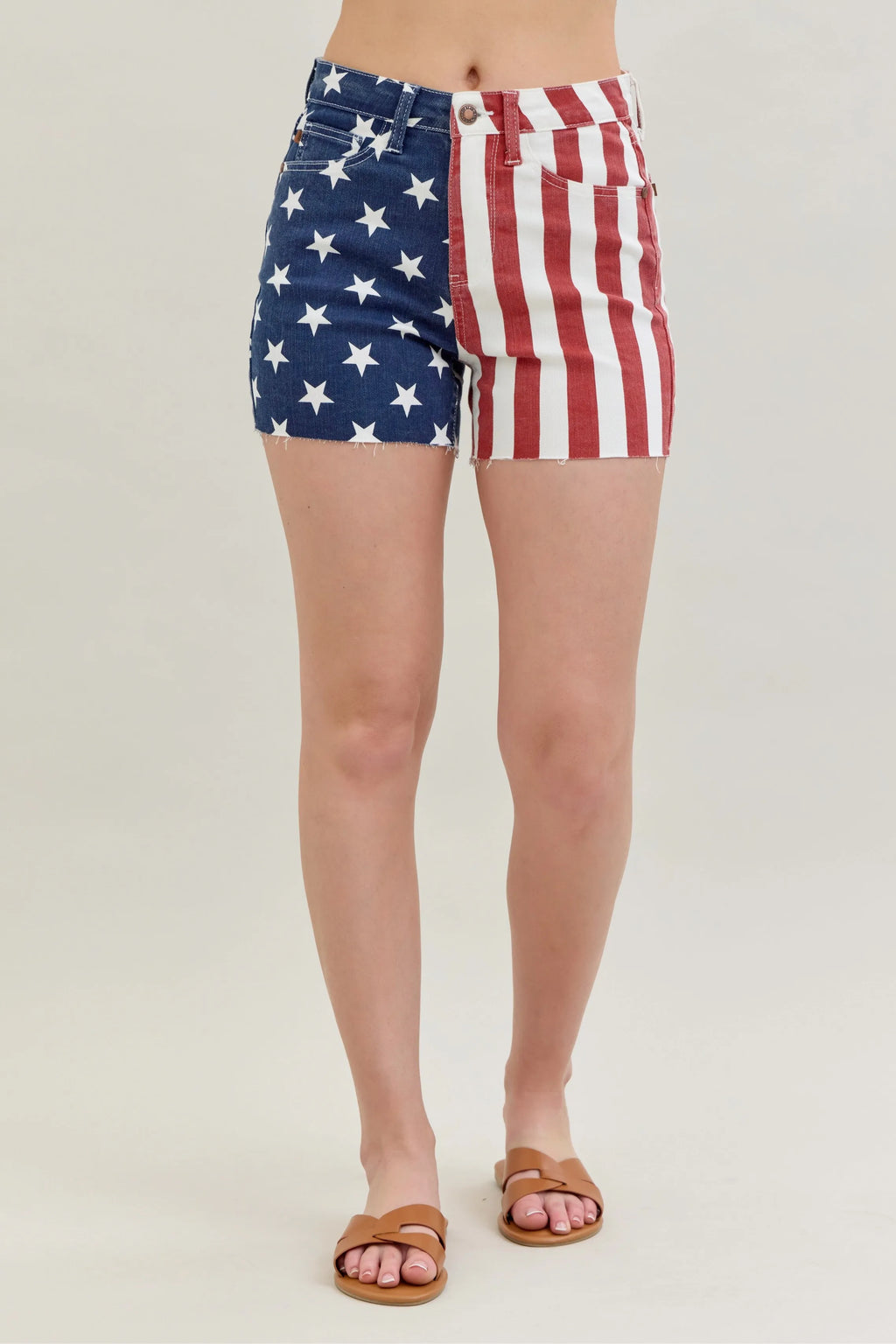July 4th Blue Full Size High Waist Americana Flag Fray Hem Shorts Plus Size.