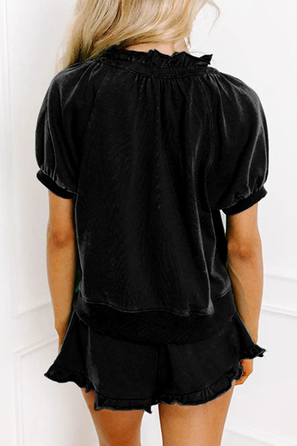 Frill Zip Front Puff Sleeve Top and Skort Set.