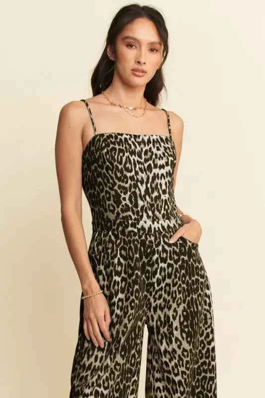 Davi & Dani Leopard Spaghetti Straps Wide Leg Jumpsuit